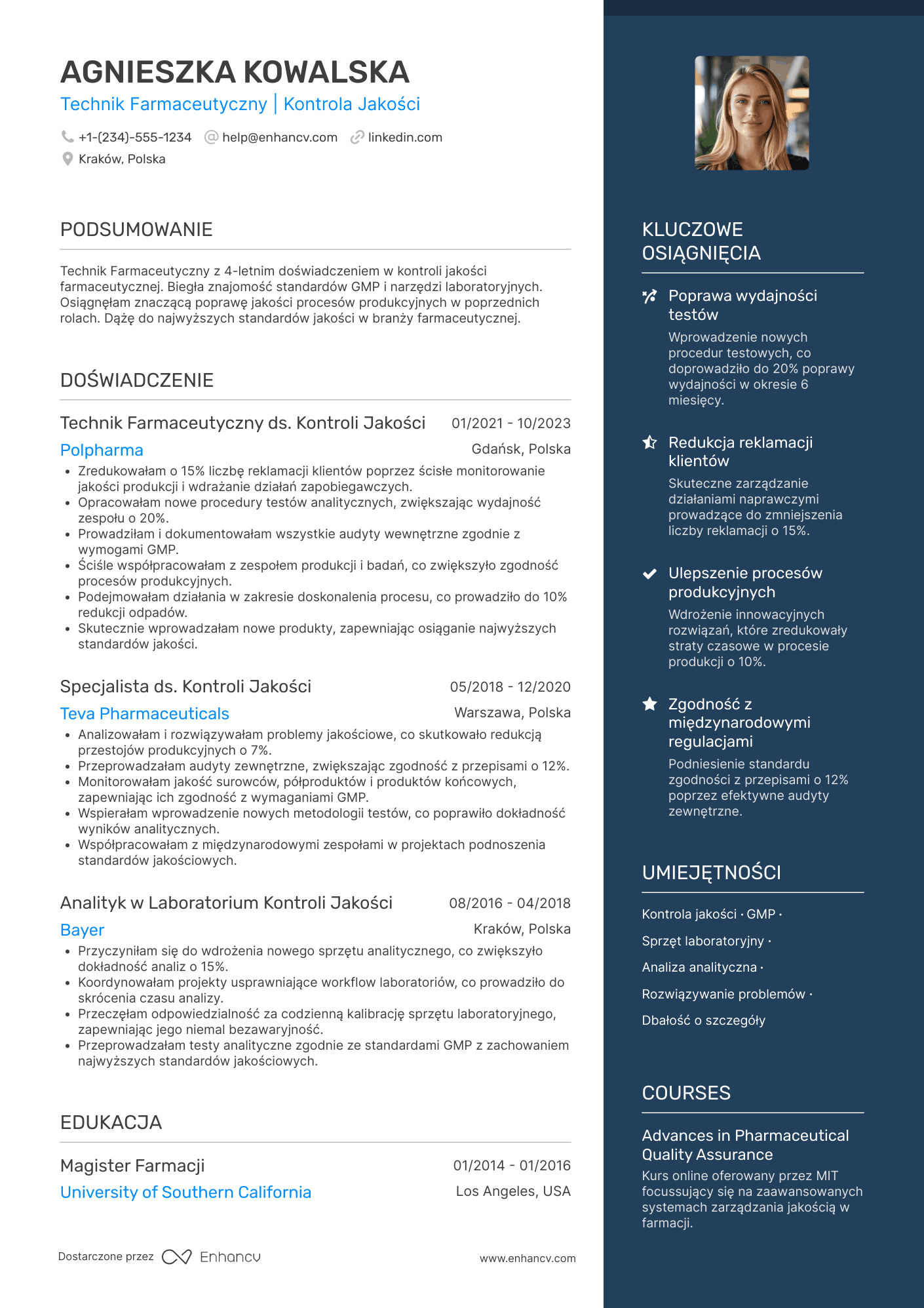 CV dla Technik Farmaceutyczny ds. Kontroli Jakości