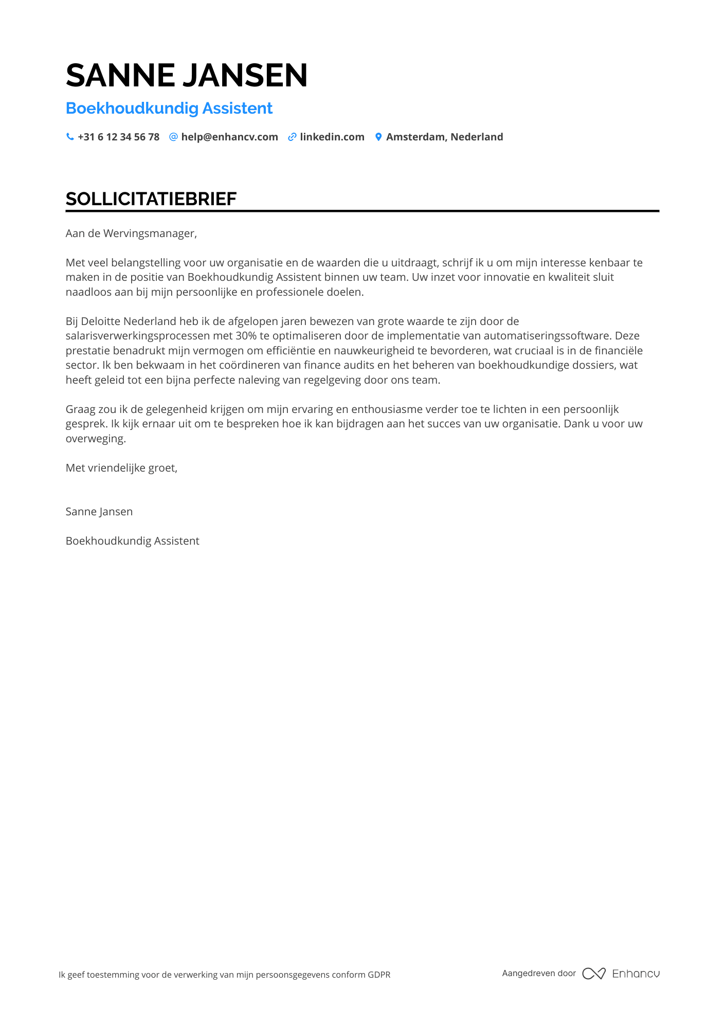 Sollicitatiebrief voor Boekhoudkundig Assistent Loonadministratie
