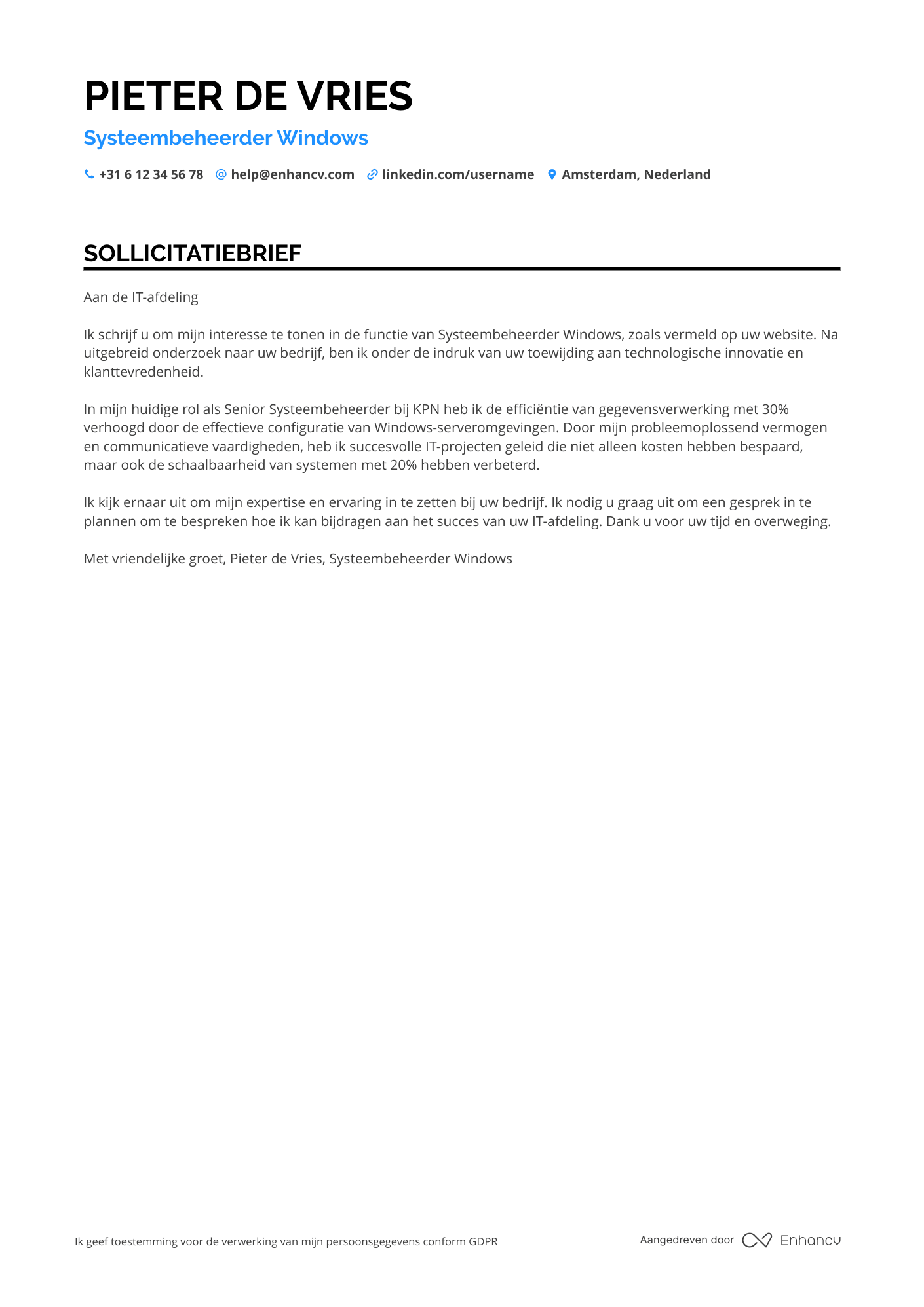 Sollicitatiebrief voor Systeembeheerder Windows