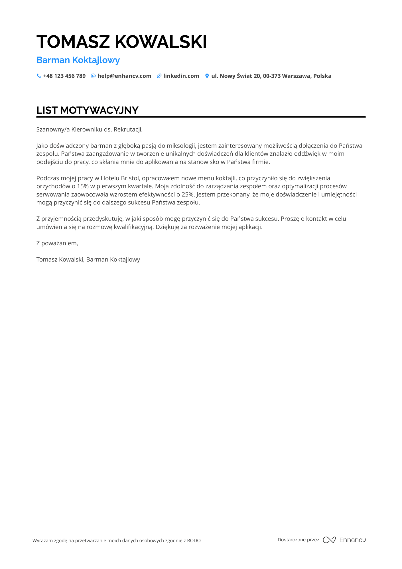 List motywacyjny dla Barman Koktajlowy