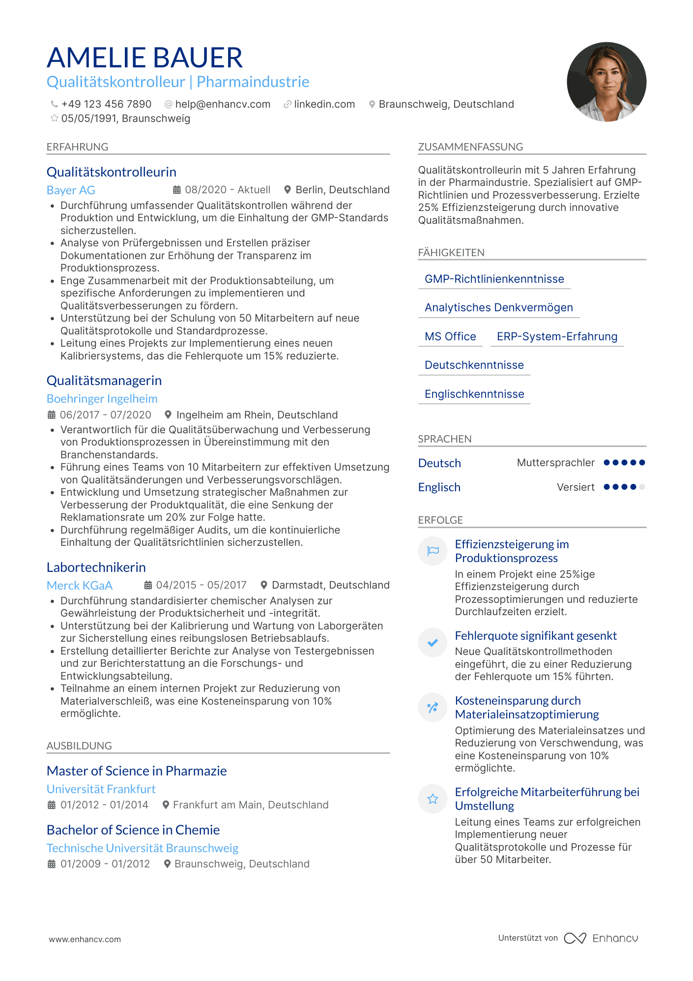 Lebenslauf in Qualitätskontrolleur in der Pharmaindustrie