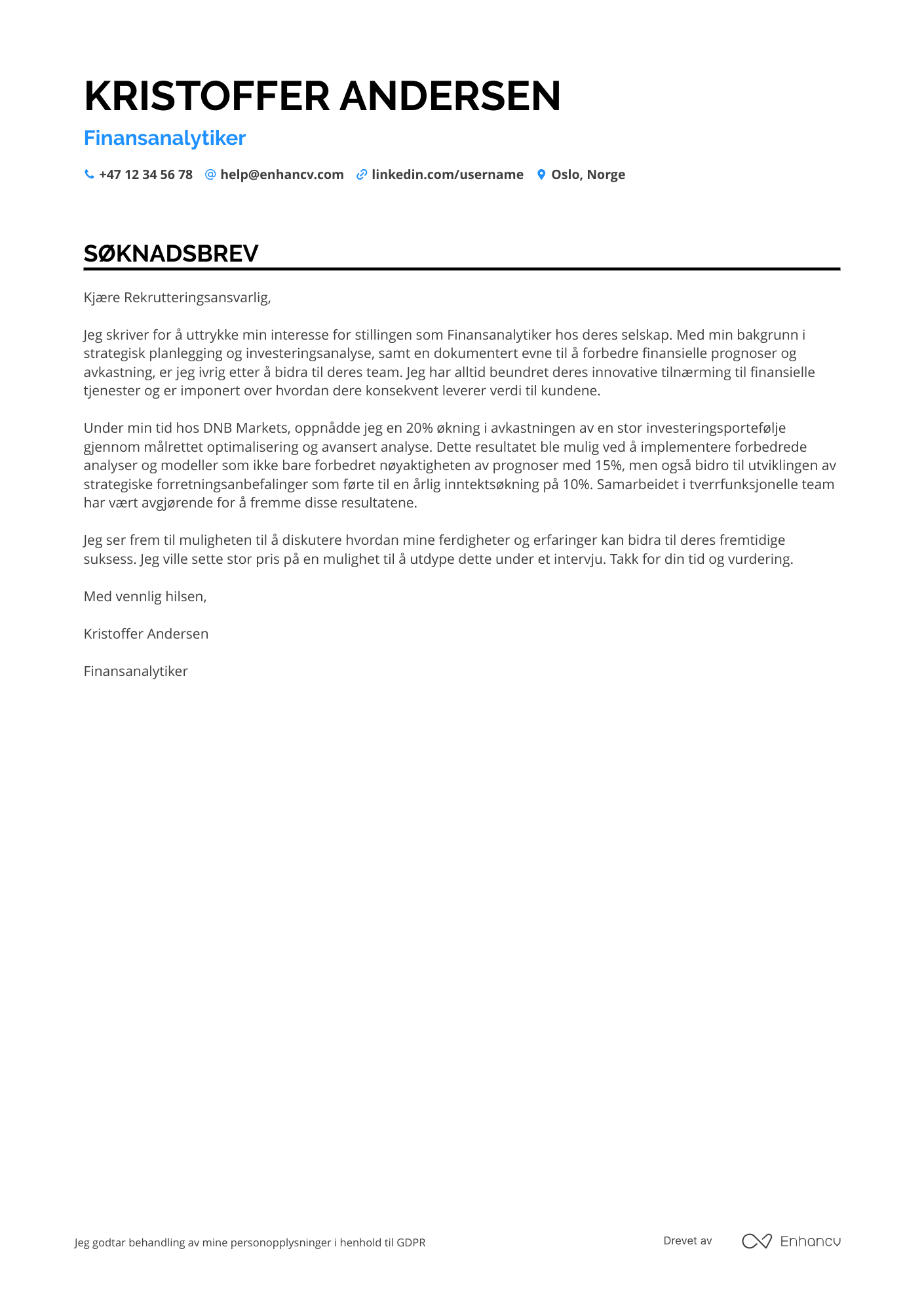 Søknadsbrev for Nyutdannede Finansanalytiker
