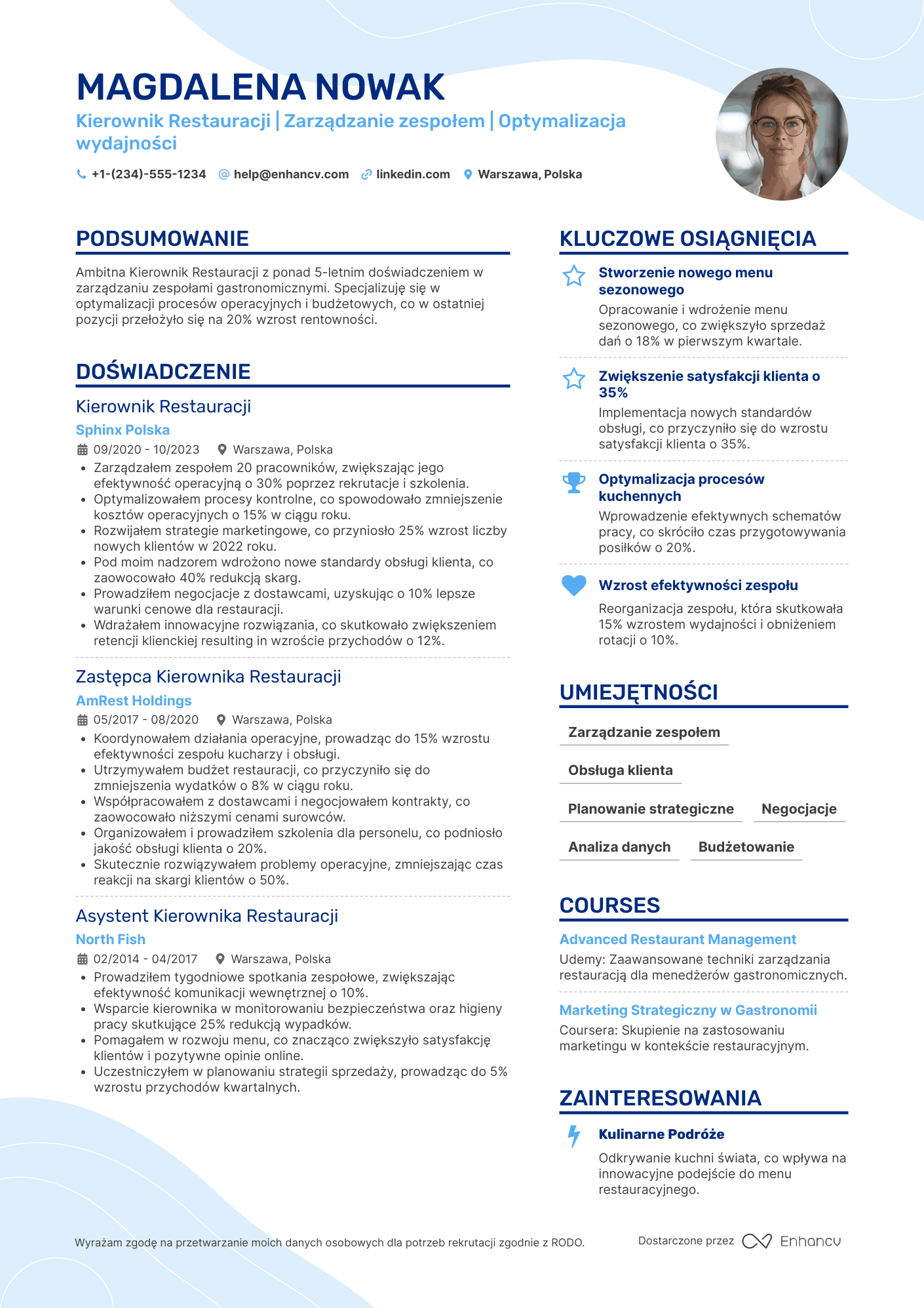 CV dla Kierownik Restauracji