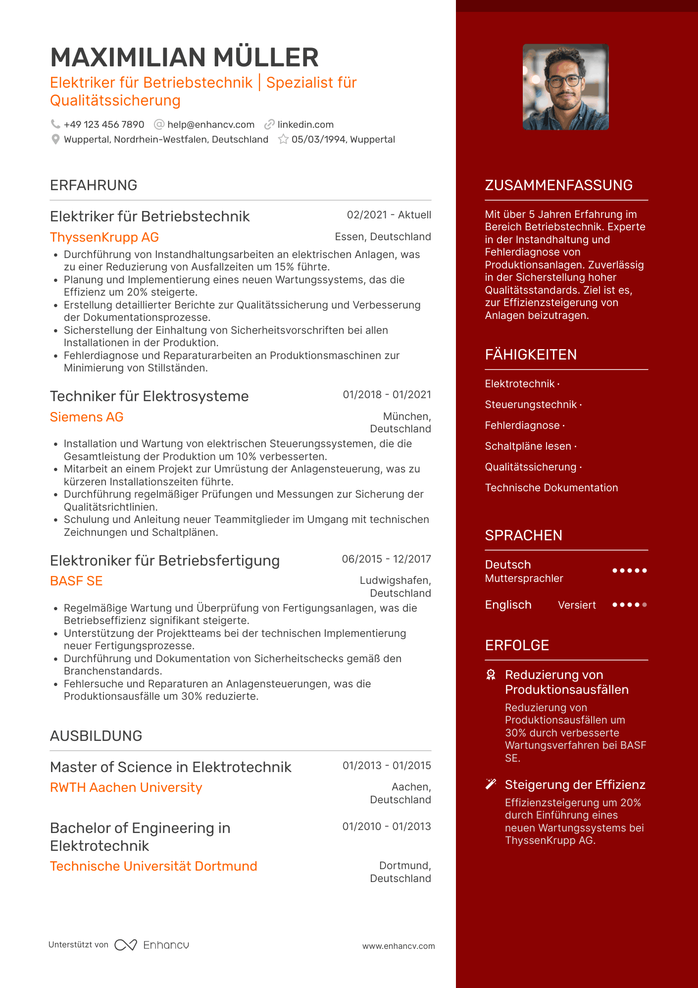 Lebenslauf als Elektriker für Betriebstechnik
