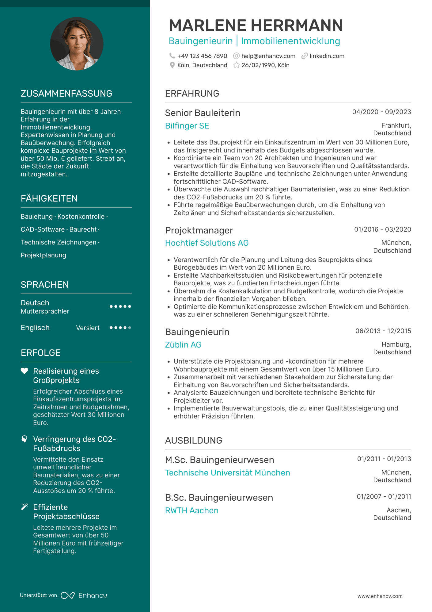 Lebenslauf in Bauingenieur in der Immobilienbranche