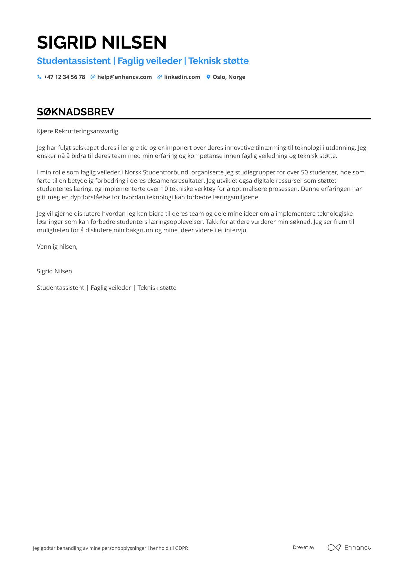 Søknadsbrev for Studentassistent