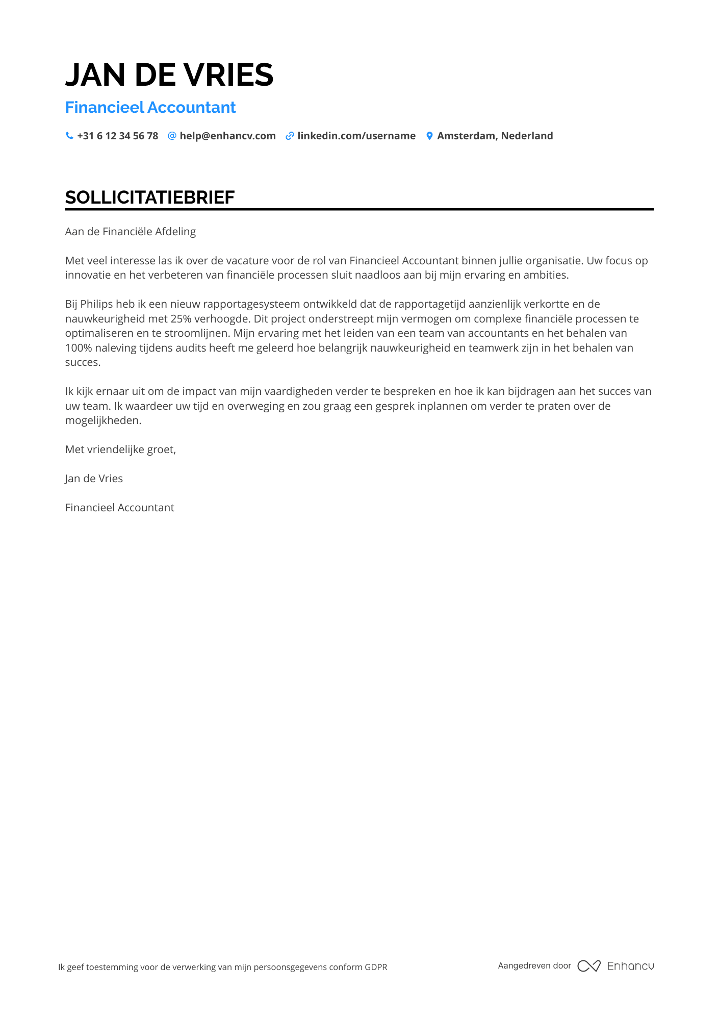 Sollicitatiebrief voor Financieel Accountant