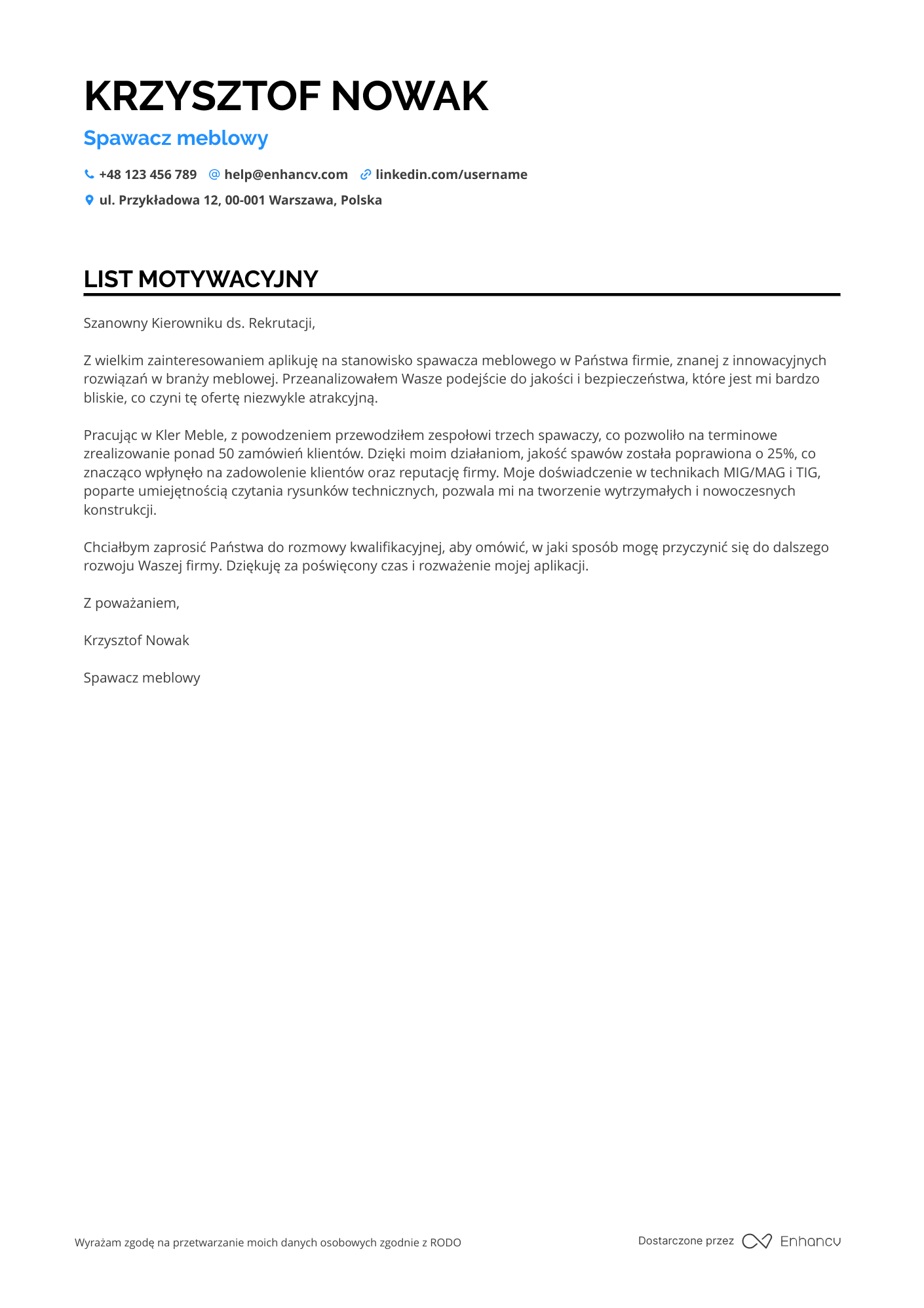 List motywacyjny dla Spawacz meblowy