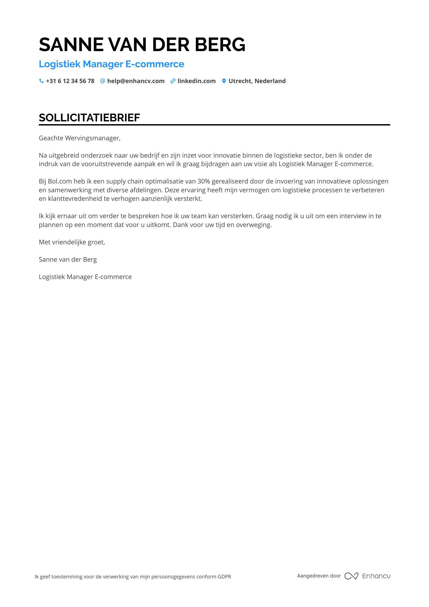 Sollicitatiebrief voor Logistiek Manager E commerce
