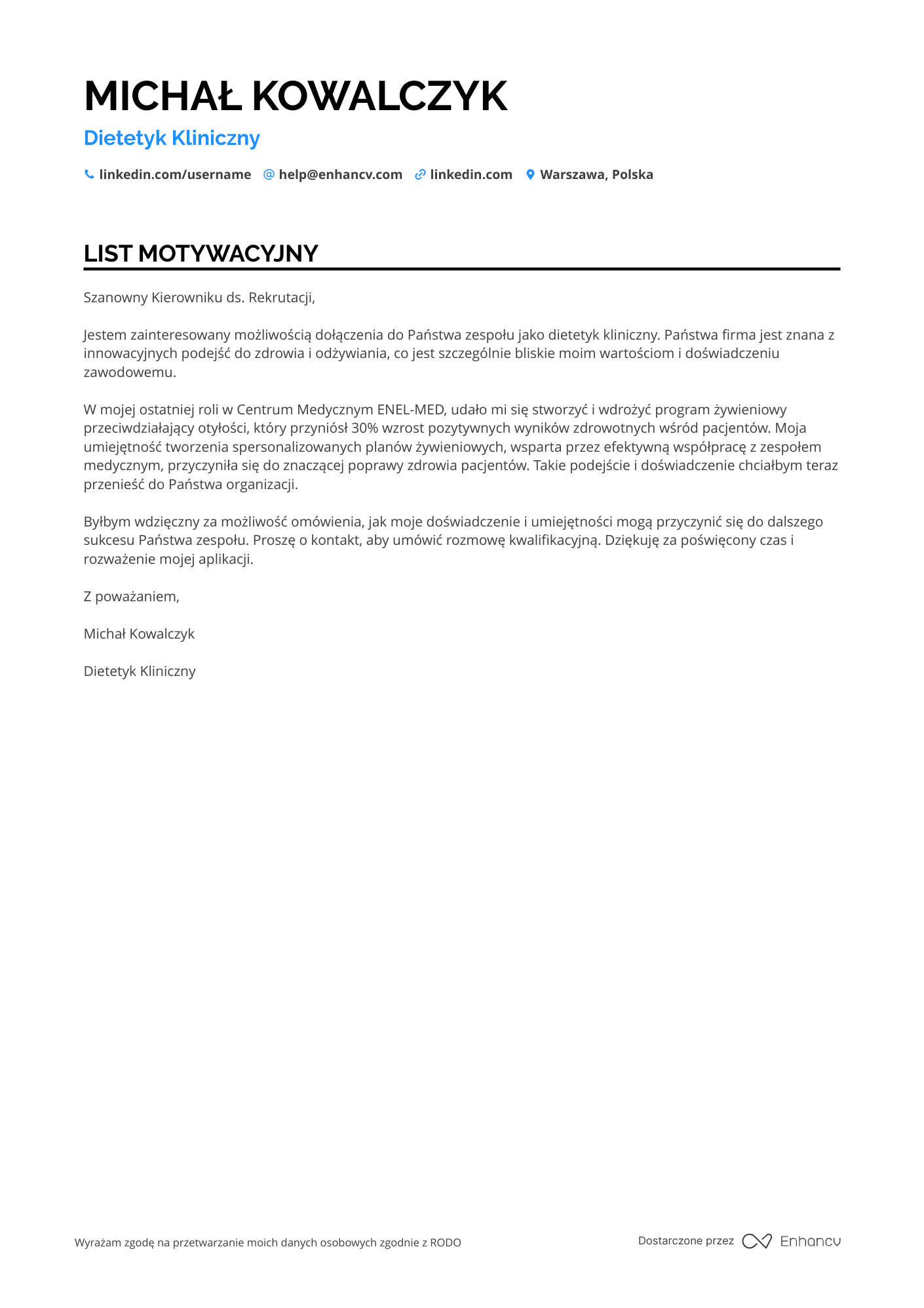 List motywacyjny dla Dietetyk kliniczny