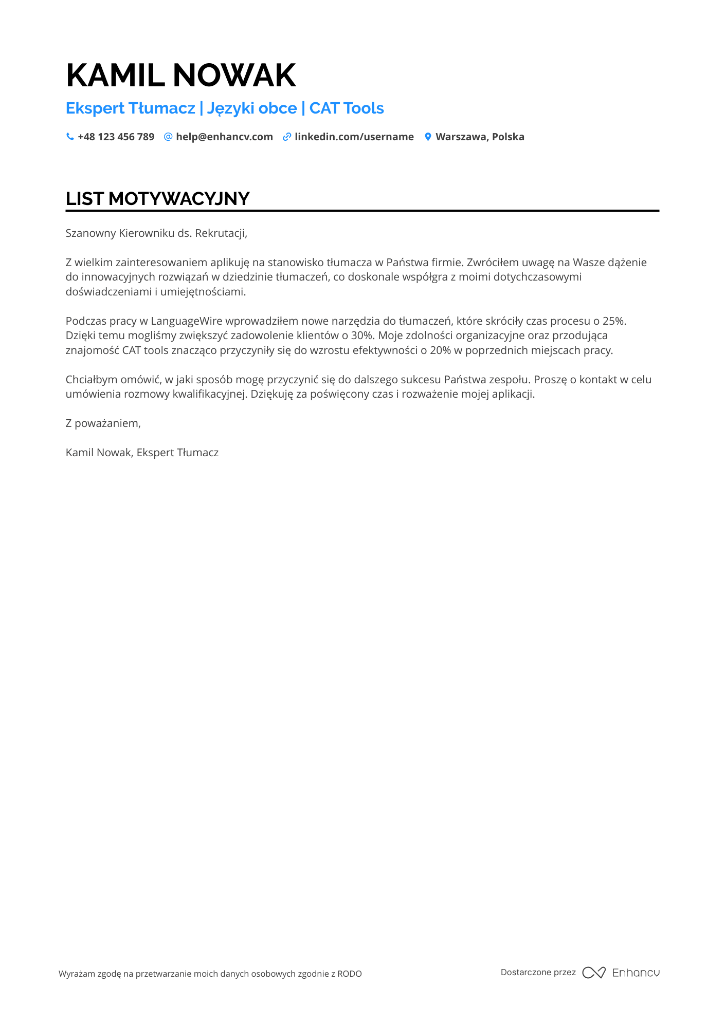 List motywacyjny dla Ekspert Tłumacz