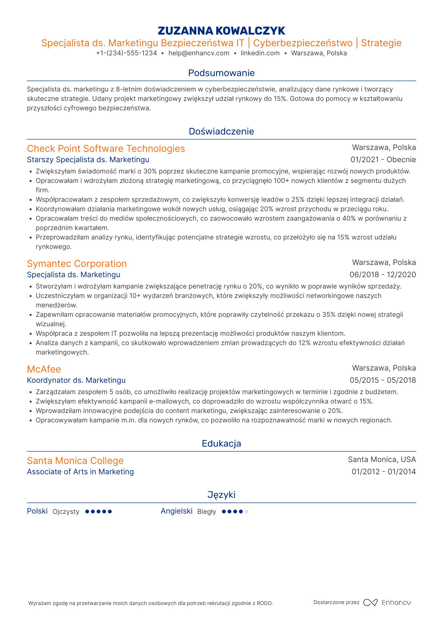 CV dla Specjalista ds. Marketingu Bezpieczeństwa IT