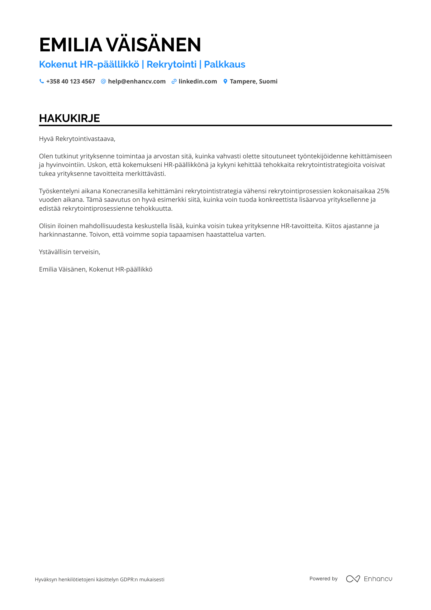 Hakukirje HR päällikkö palkkaus