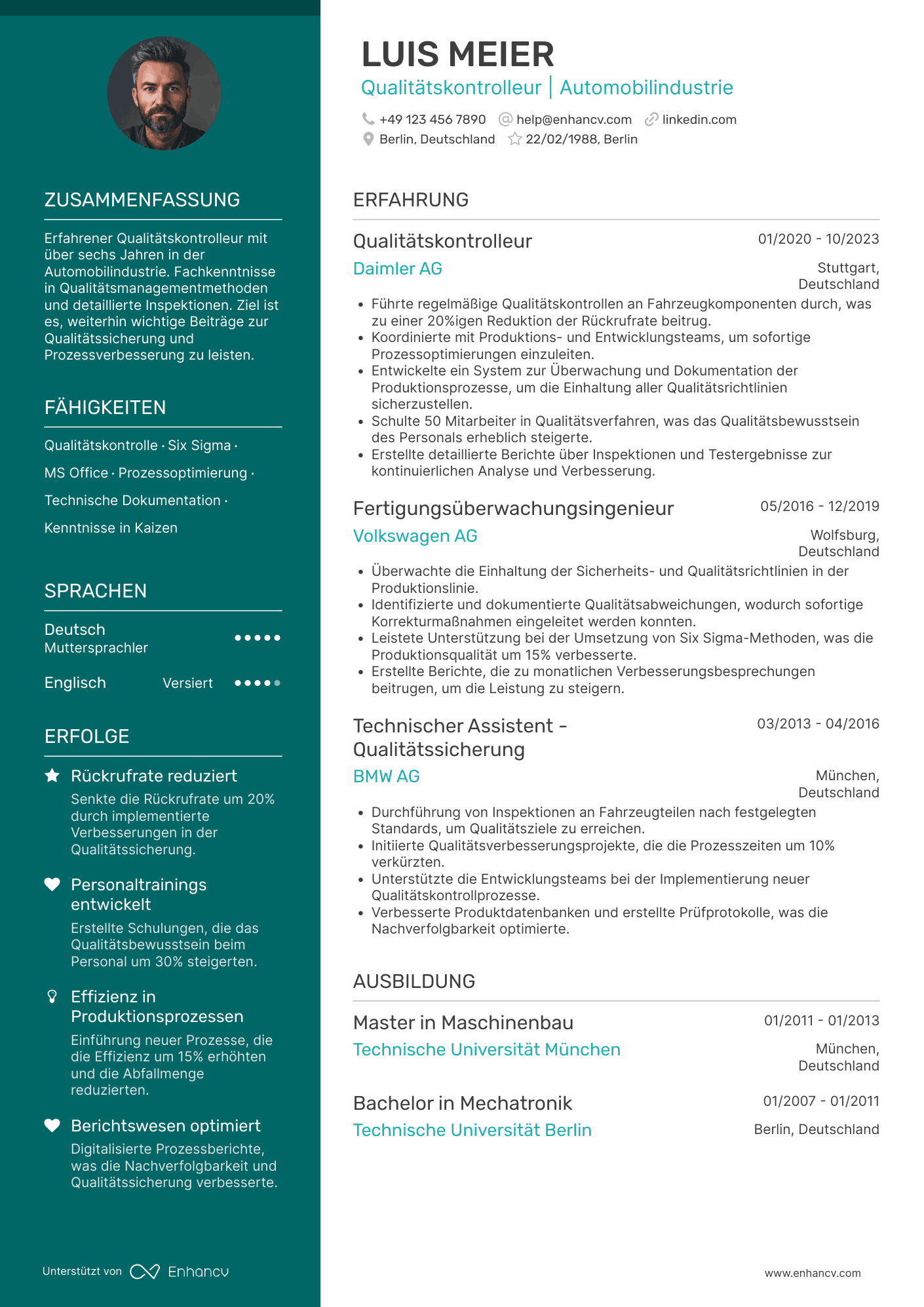 Lebenslauf in Qualitätskontrolleur in der Automobilindustrie