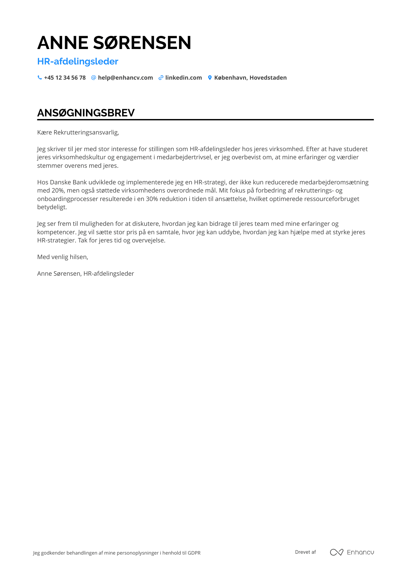 Ansøgningsbrev til HR afdelingsleder