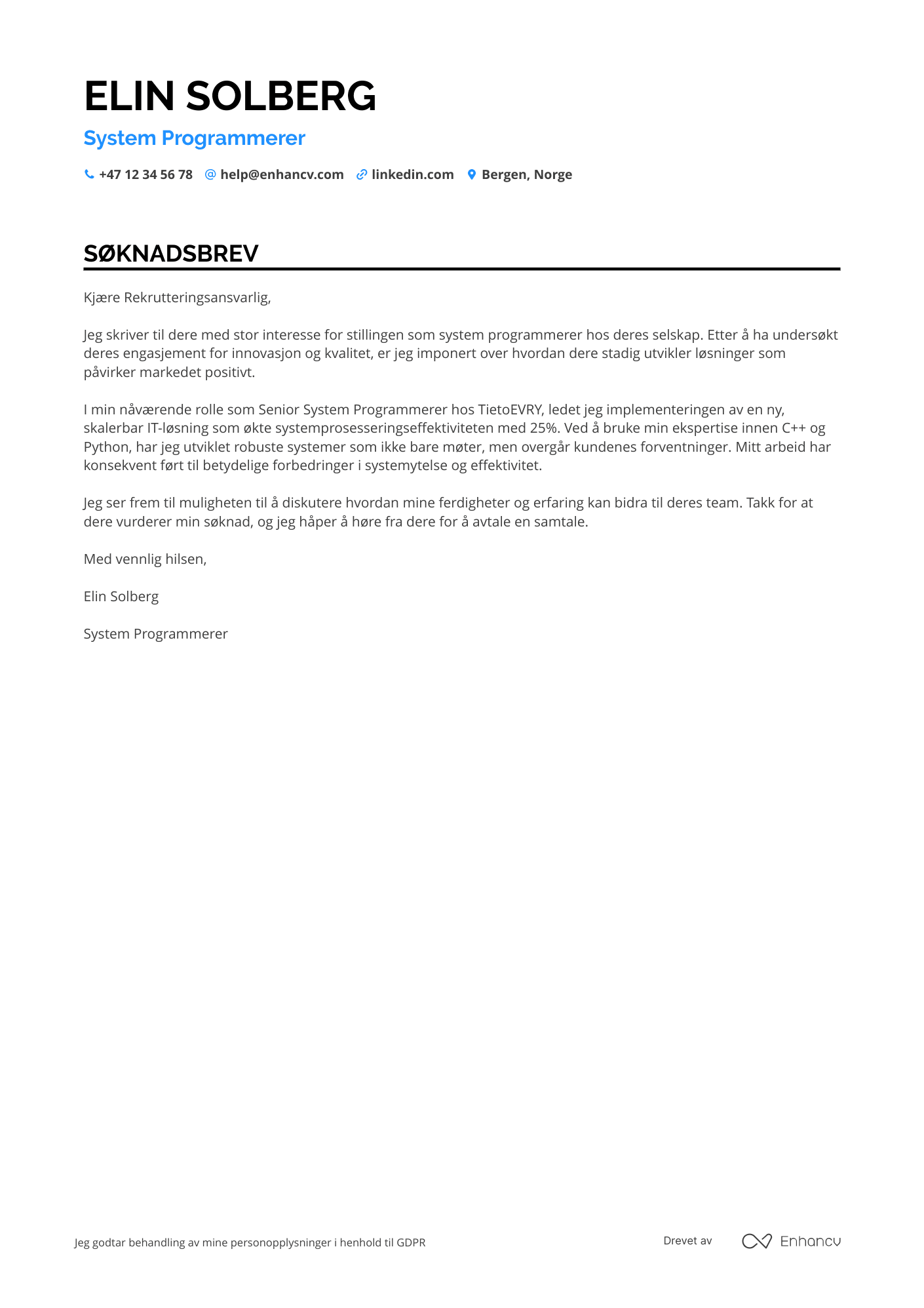 Søknadsbrev for System Programmerer