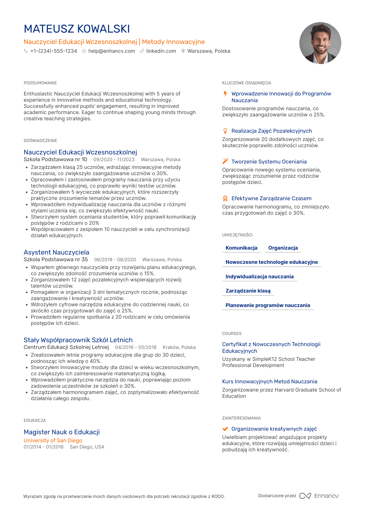 CV dla Nauczyciel Edukacji Wczesnoszkolnej w Szkole Publicznej
