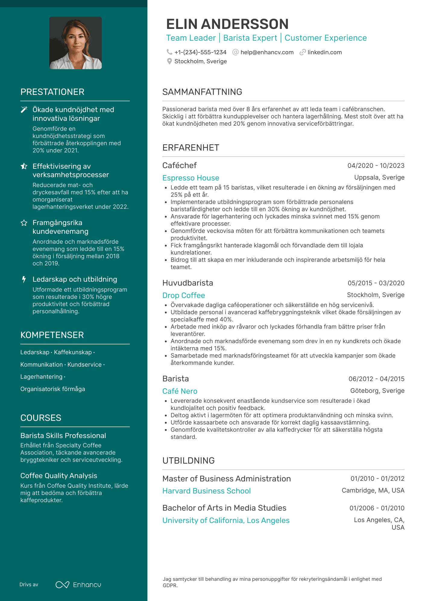 CV för Barista Team Leader