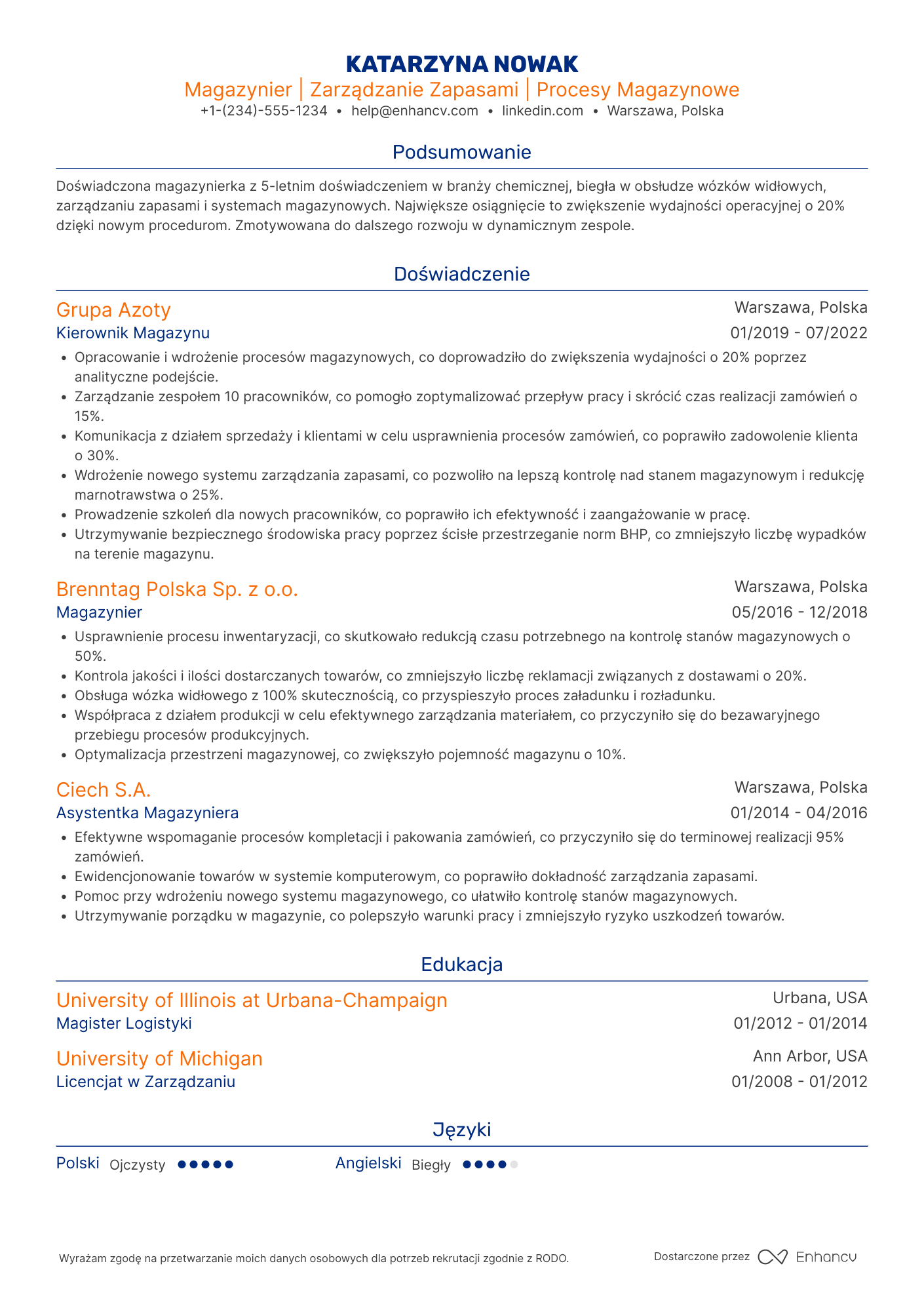 CV dla Magazynier w Branży Chemicznej