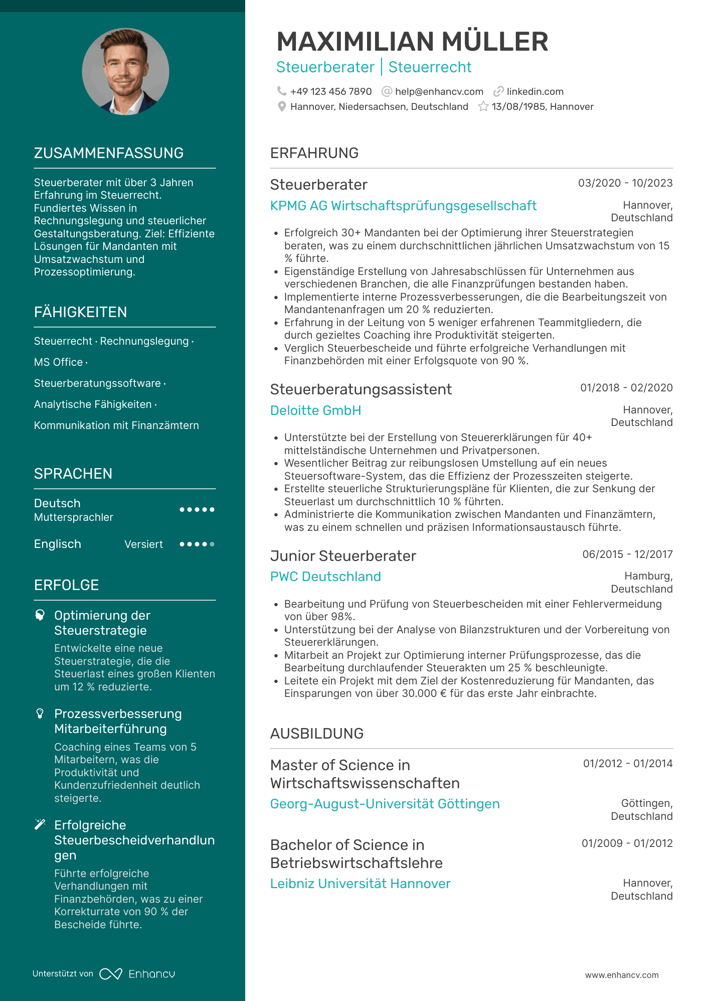 Lebenslauf als Steuerberater mit 3 Jahren Berufserfahrung