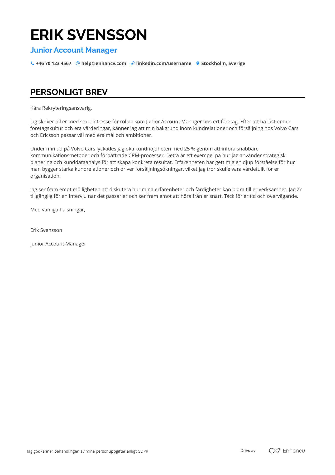 Personligt brev för Junior Account Manager