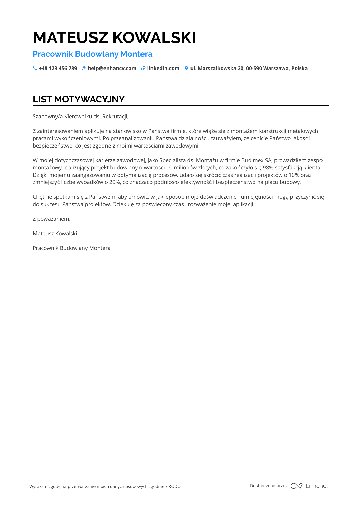 List motywacyjny dla Pracownik Budowlany Montera