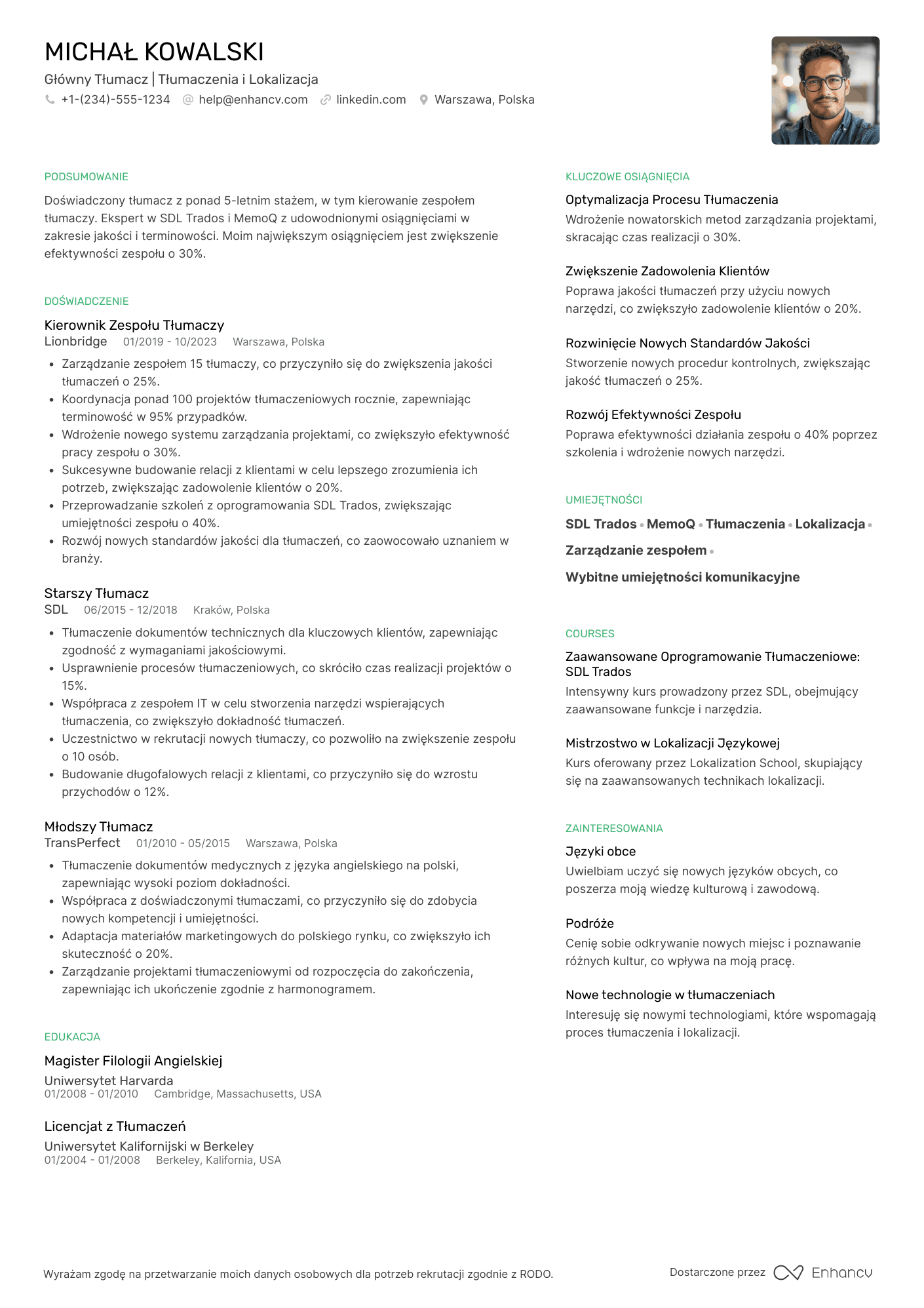 CV dla Główny Tłumacz