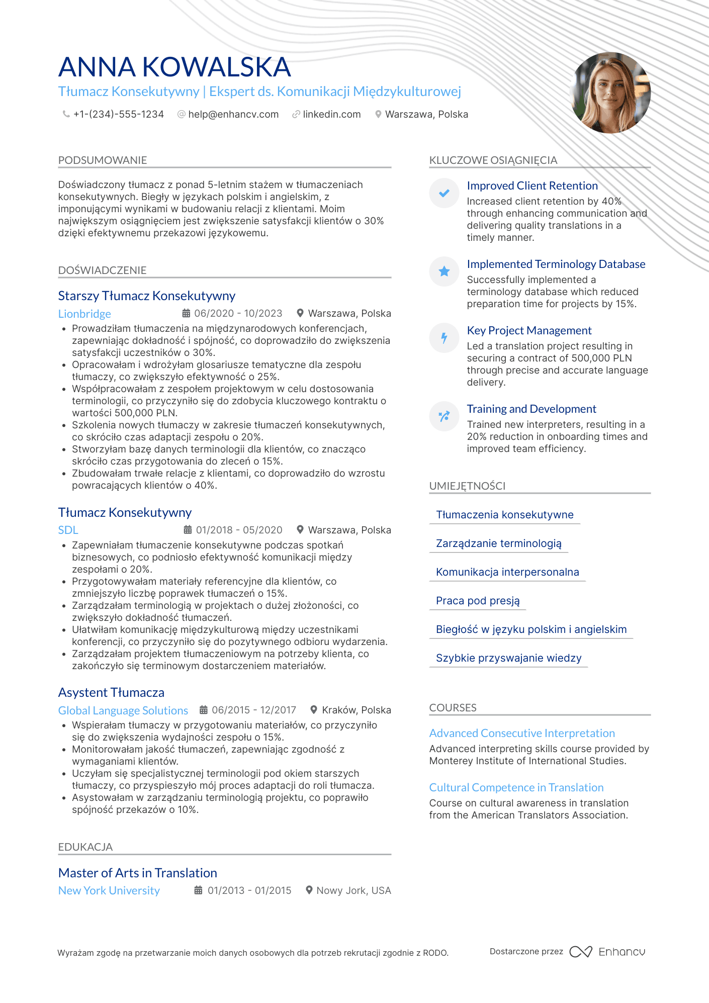 CV dla Tłumacz Konsekutywny