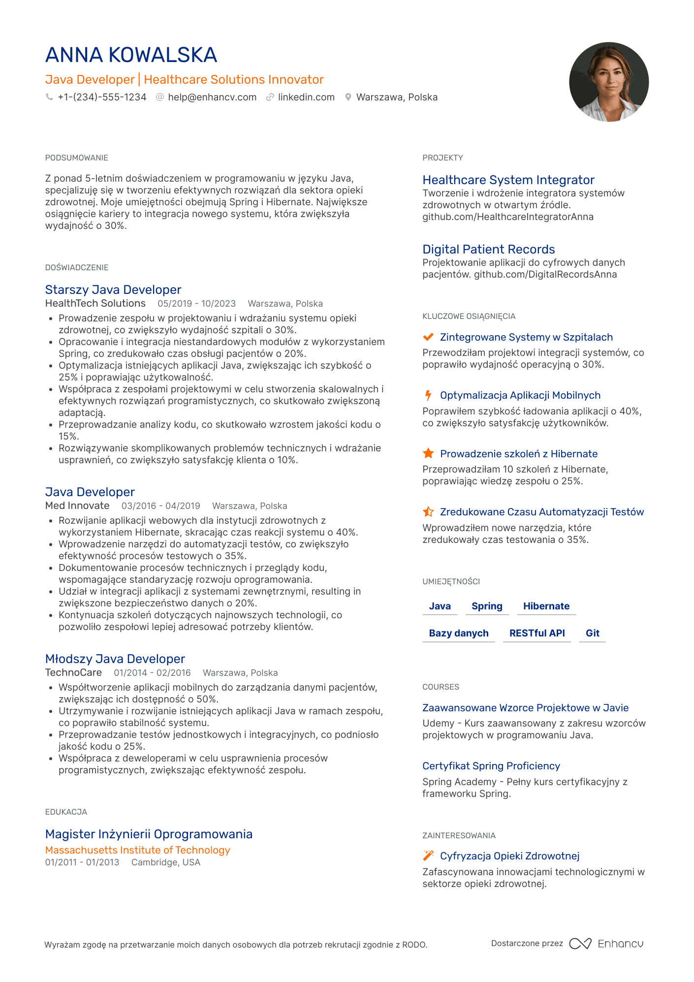 CV dla Java Developer in Healthcare