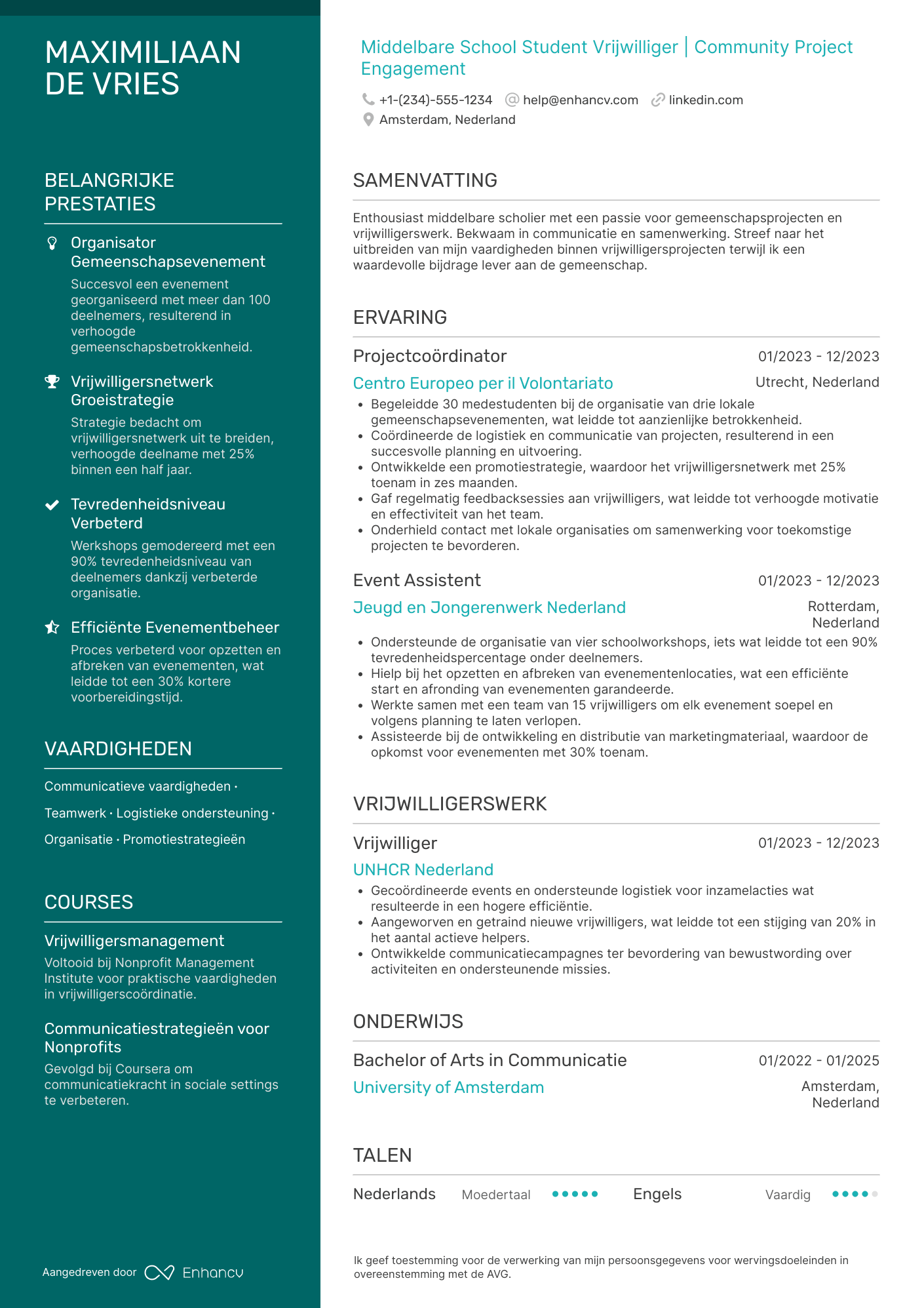 CV voor Middelbare School Student Volunteer
