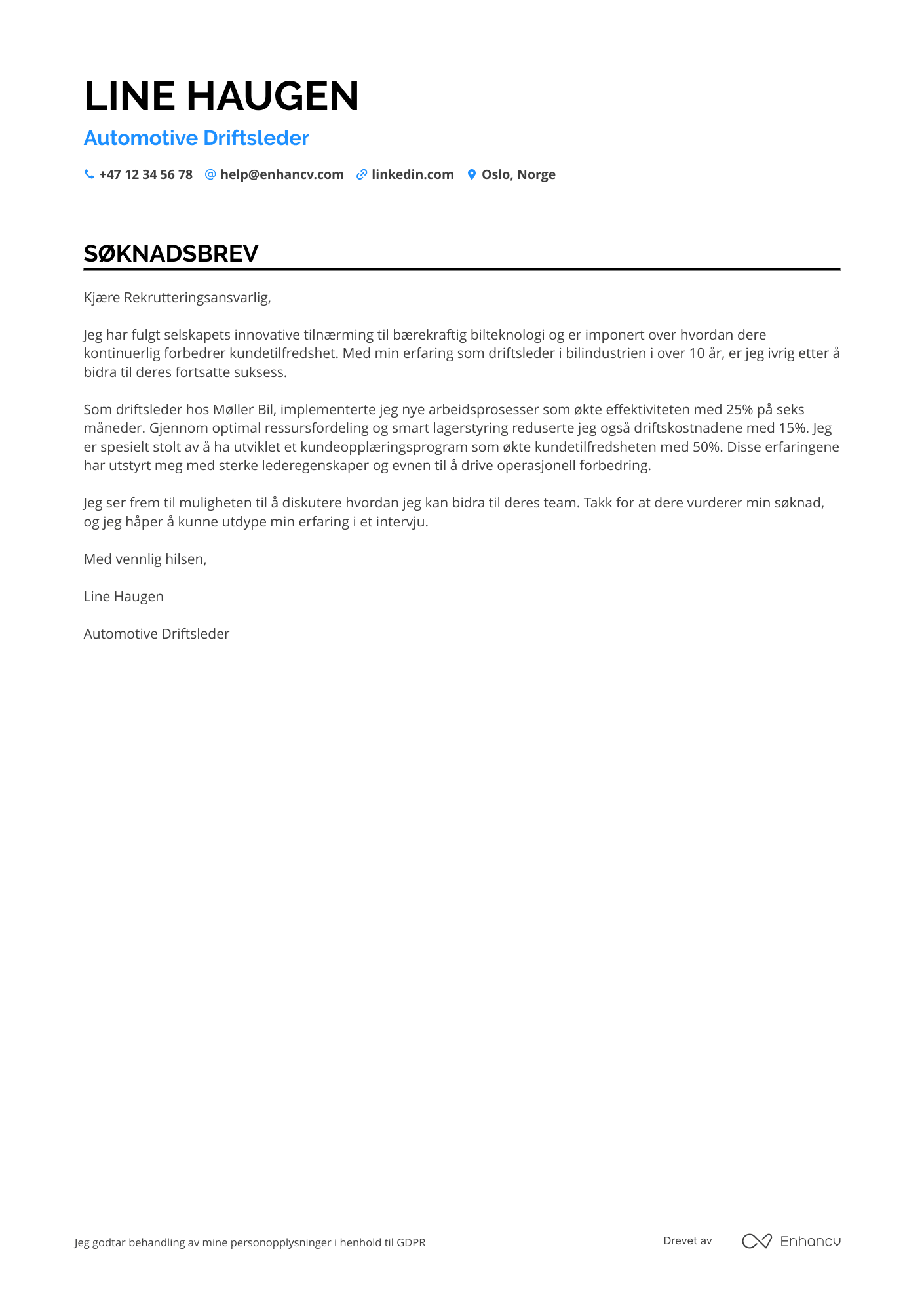 Søknadsbrev for Automotive Driftsleder
