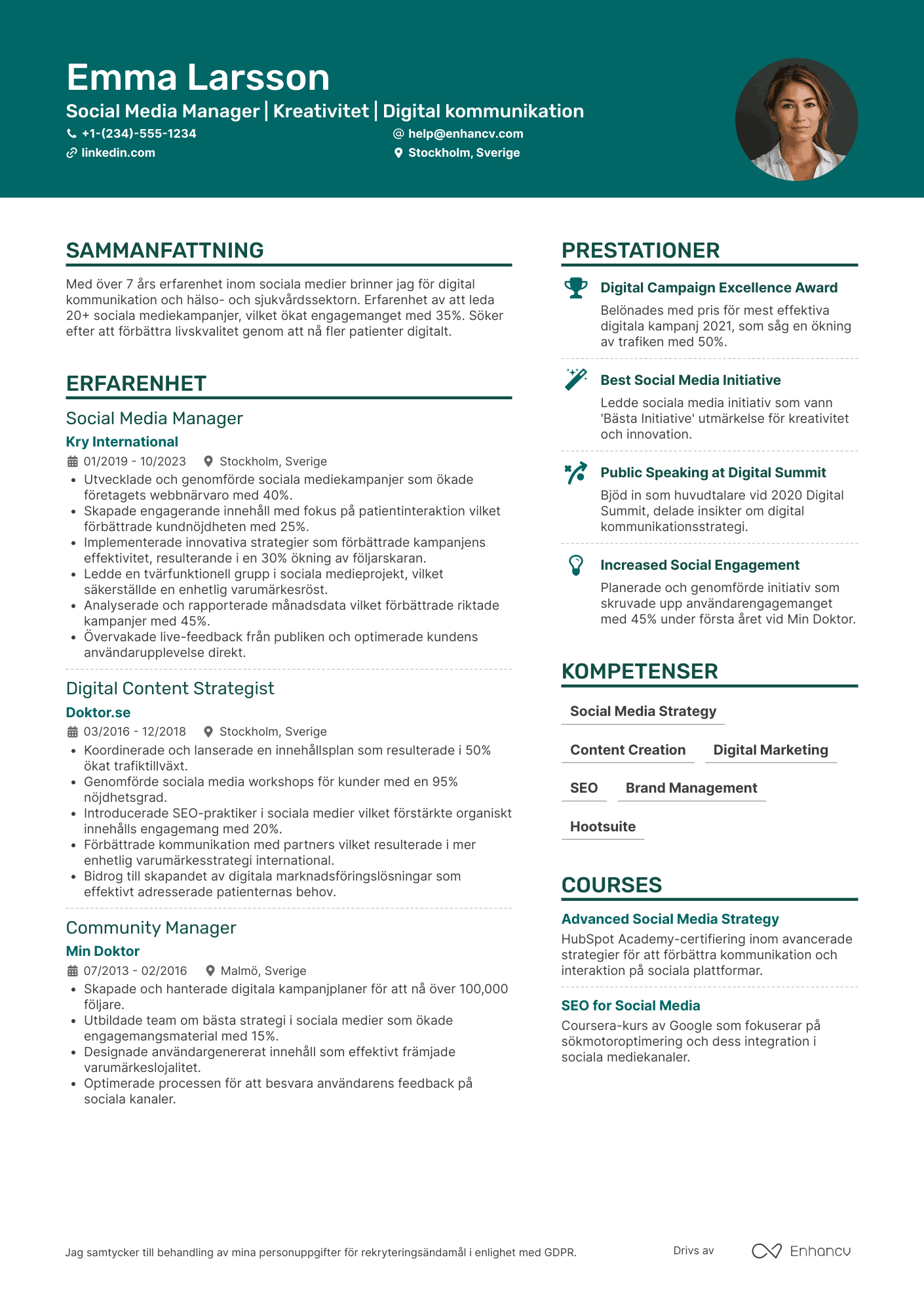 CV för Social Media Manager for Healthcare