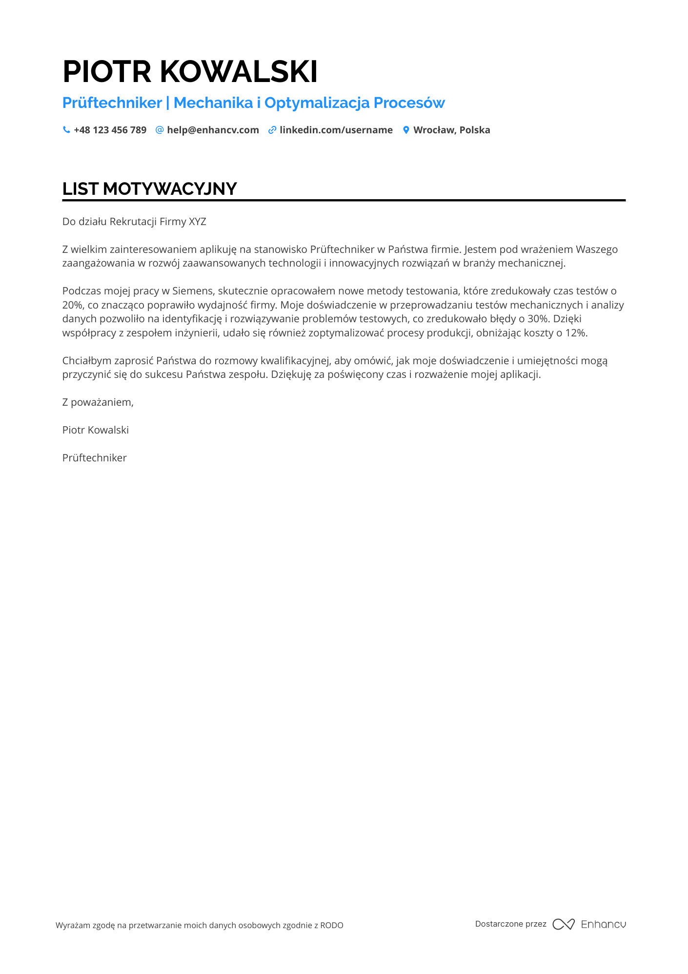 List motywacyjny dla Prüfmechanik