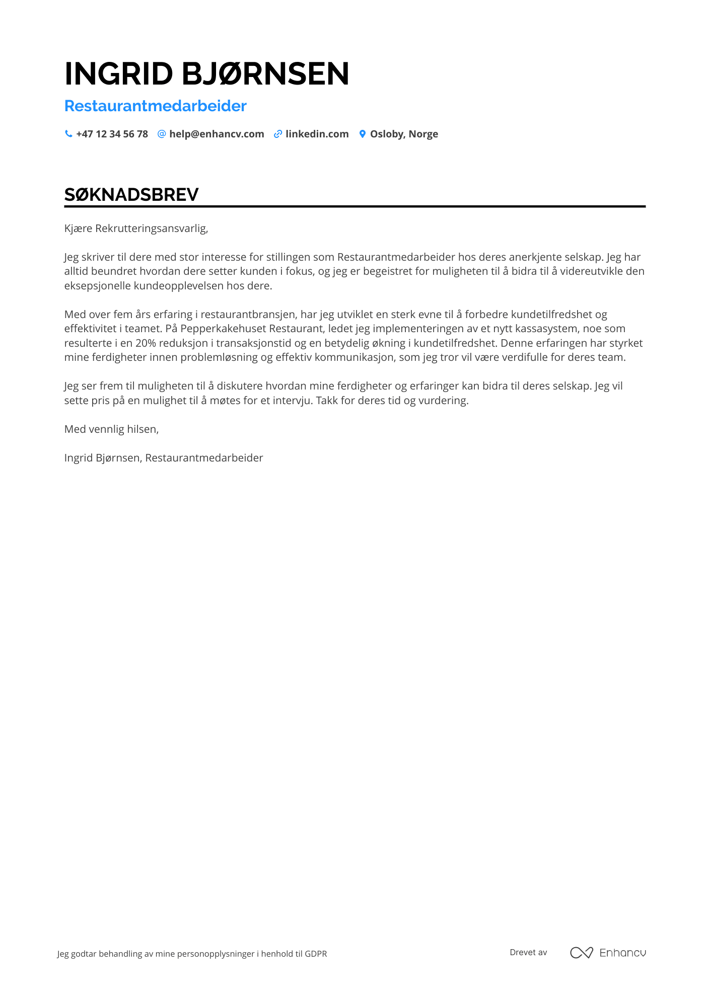 Søknadsbrev for Restaurantmedarbeider Kasse