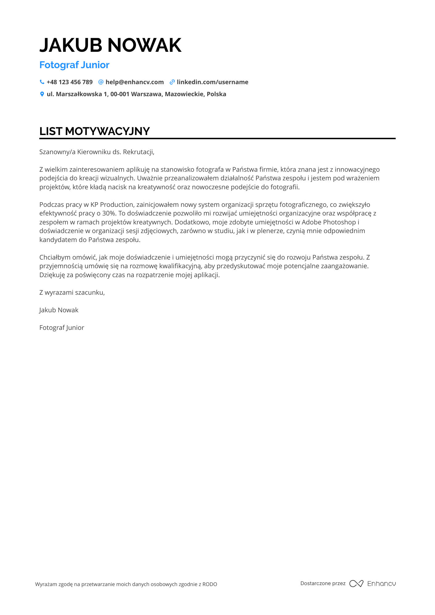 List motywacyjny dla Fotograf junior