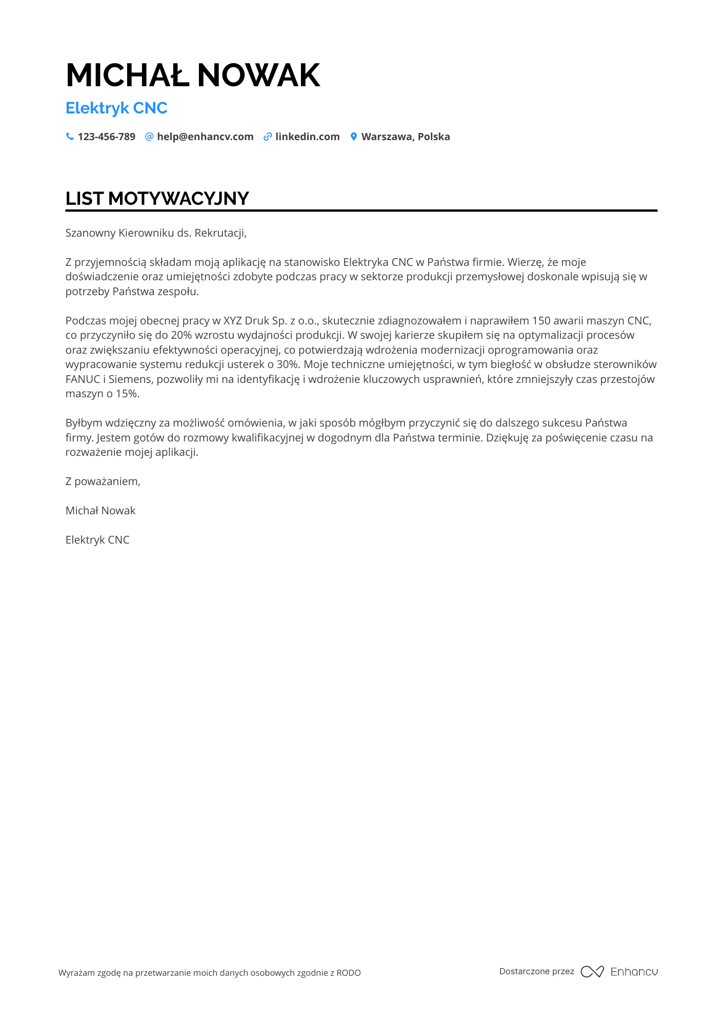List motywacyjny dla Elektryk CNC