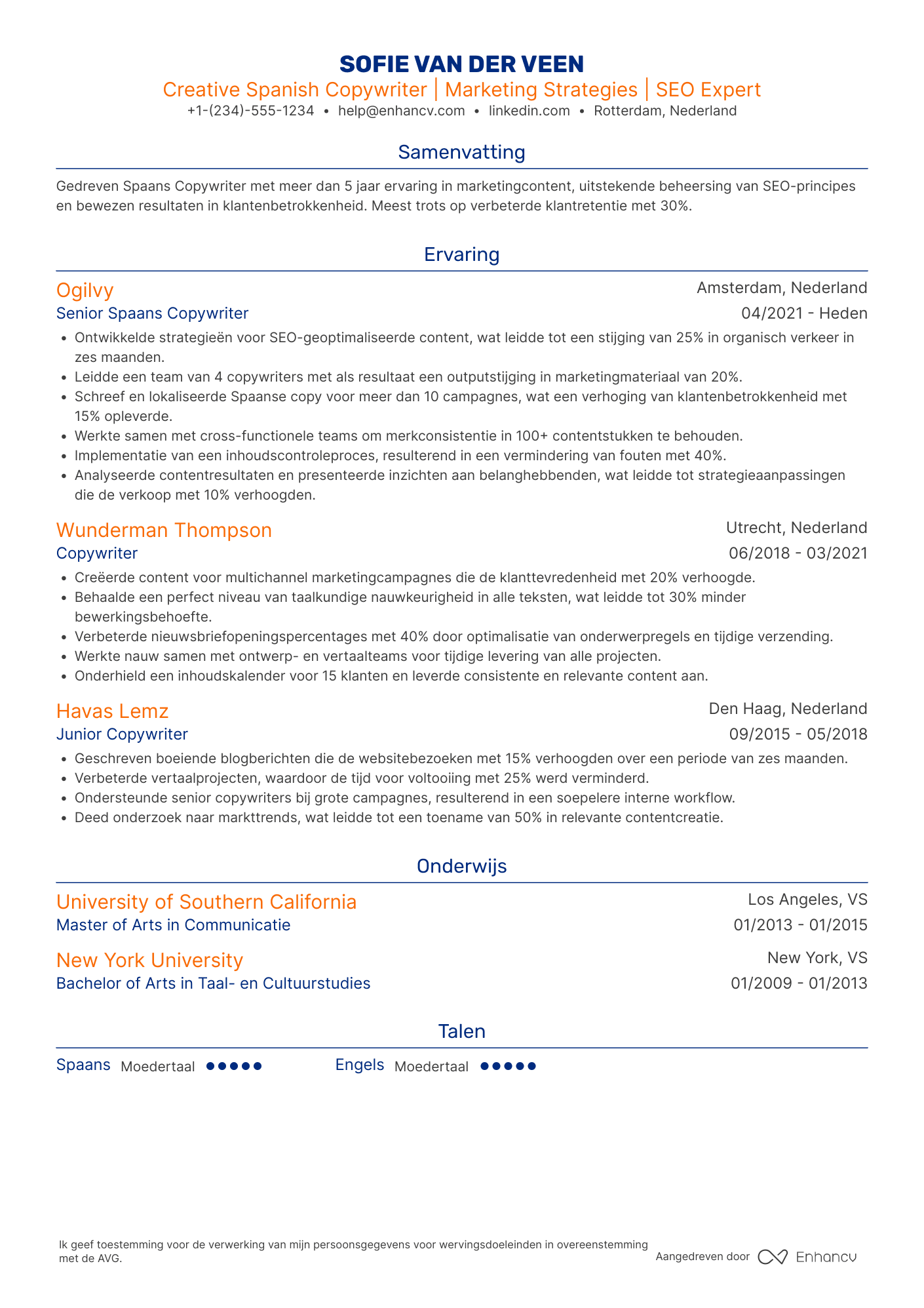 CV voor Spaans Copywriter