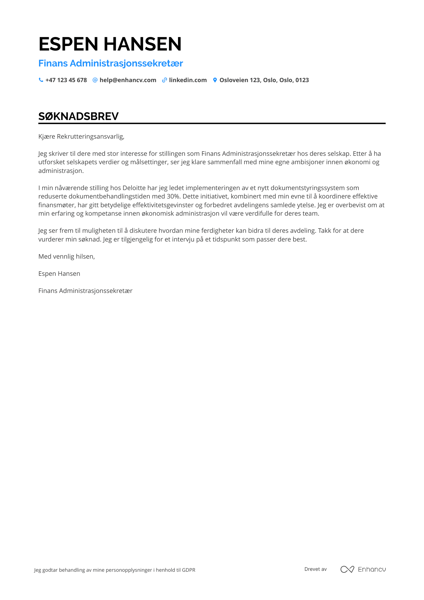 Søknadsbrev for Finans Administrasjonssekretær