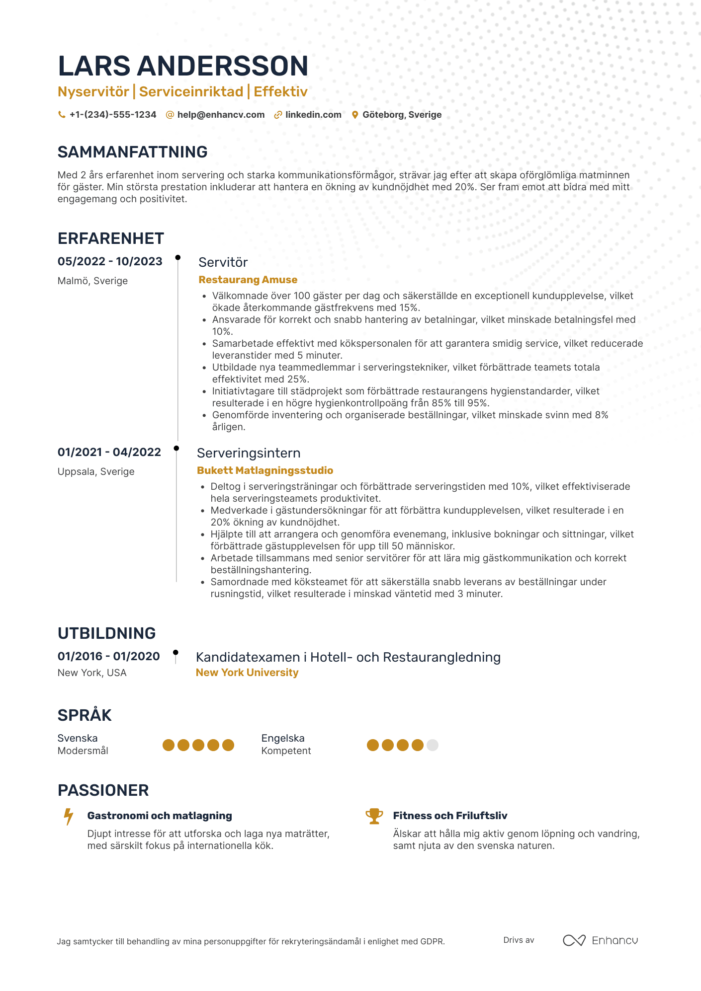 CV för Nyservitör