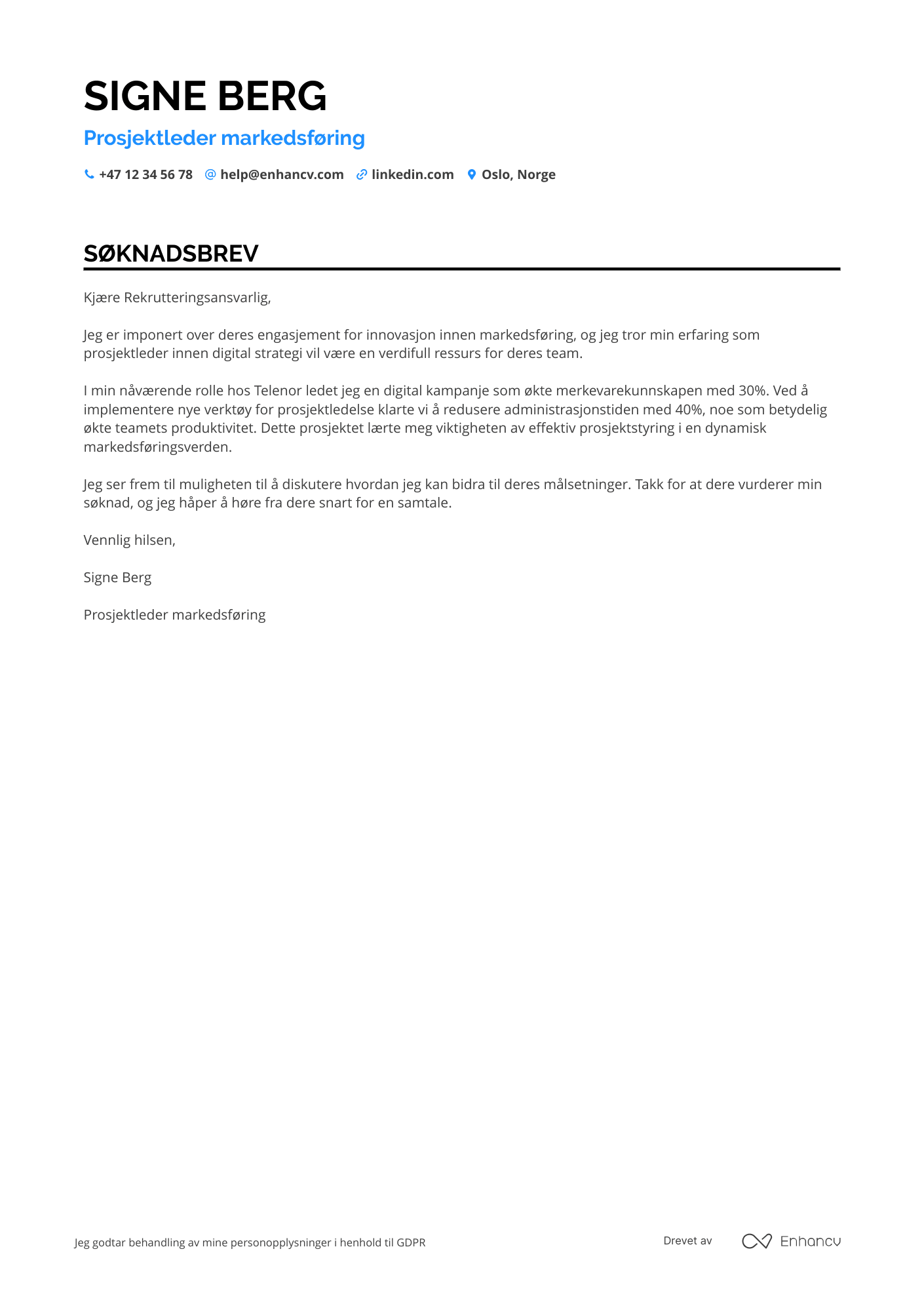 Søknadsbrev for Prosjektleder markedsføring