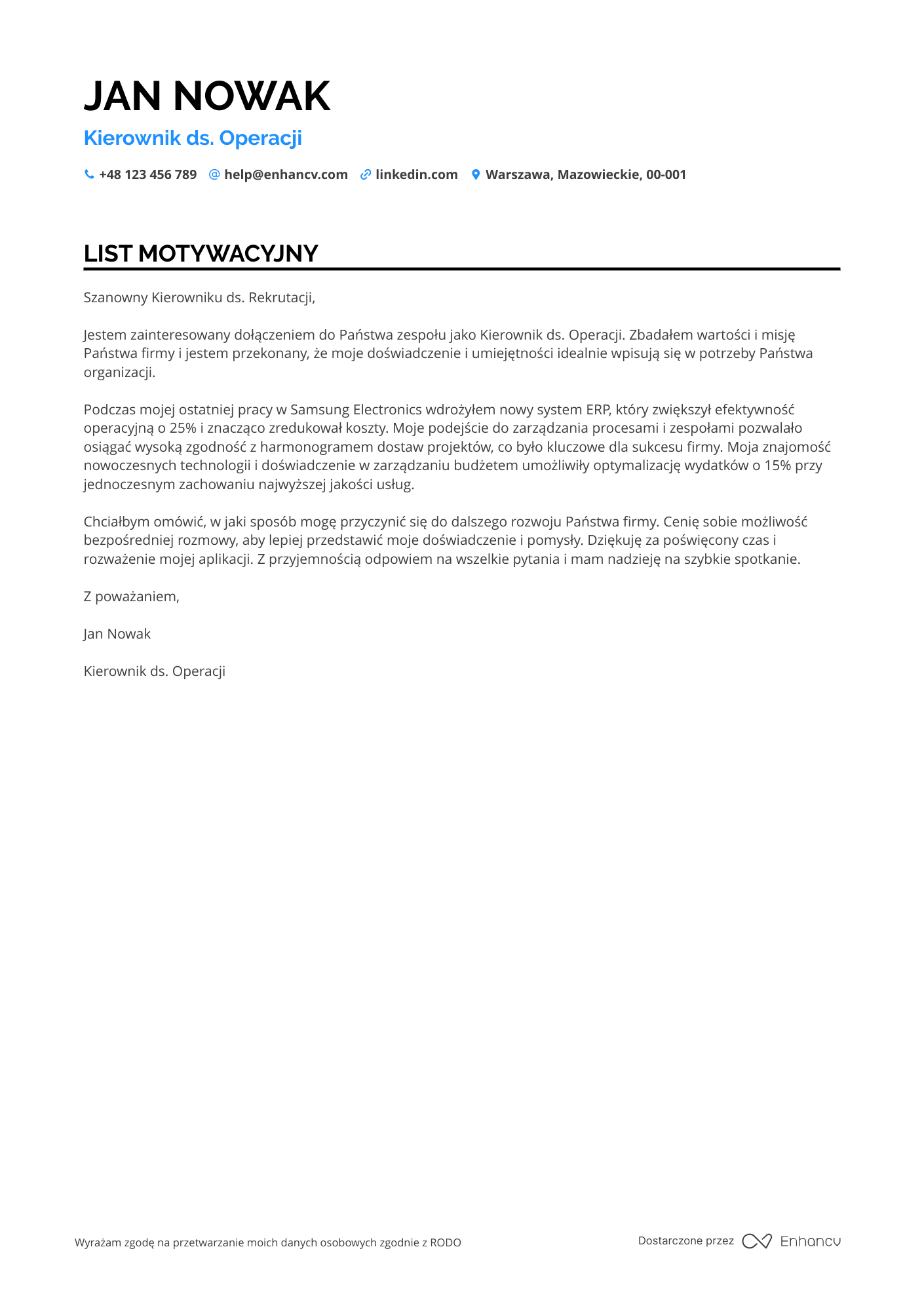 List motywacyjny dla Kierownik ds. Operacji
