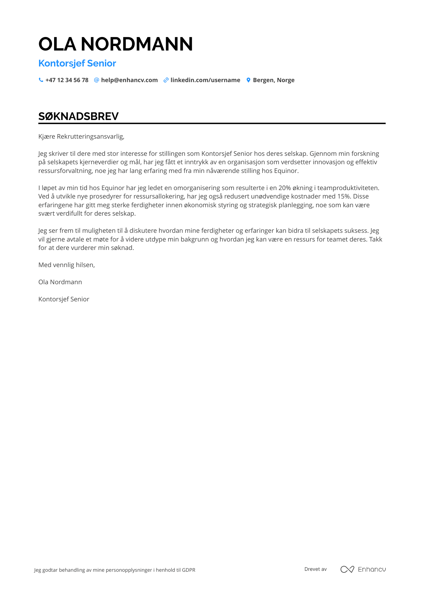 Søknadsbrev for Kontorsjef senior