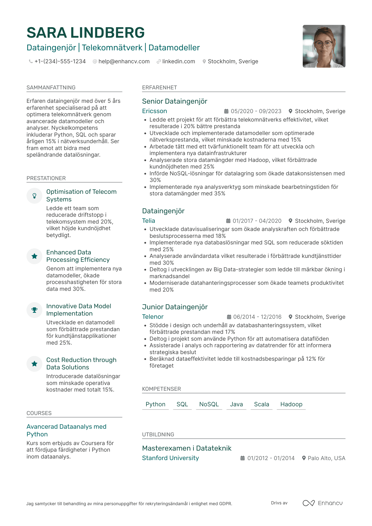 CV för Dataingenjör inom telekom