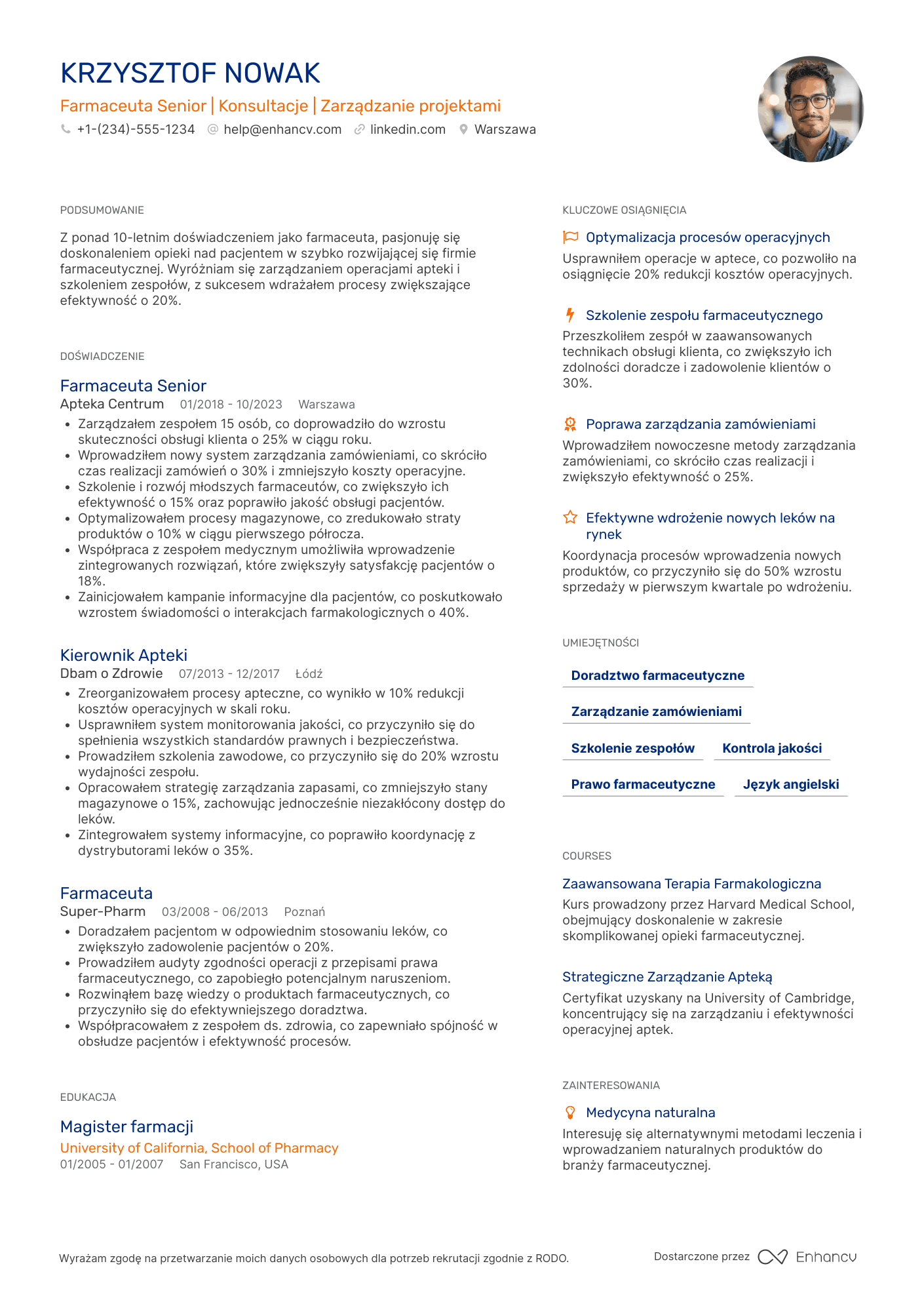 CV dla Farmaceuta Senior
