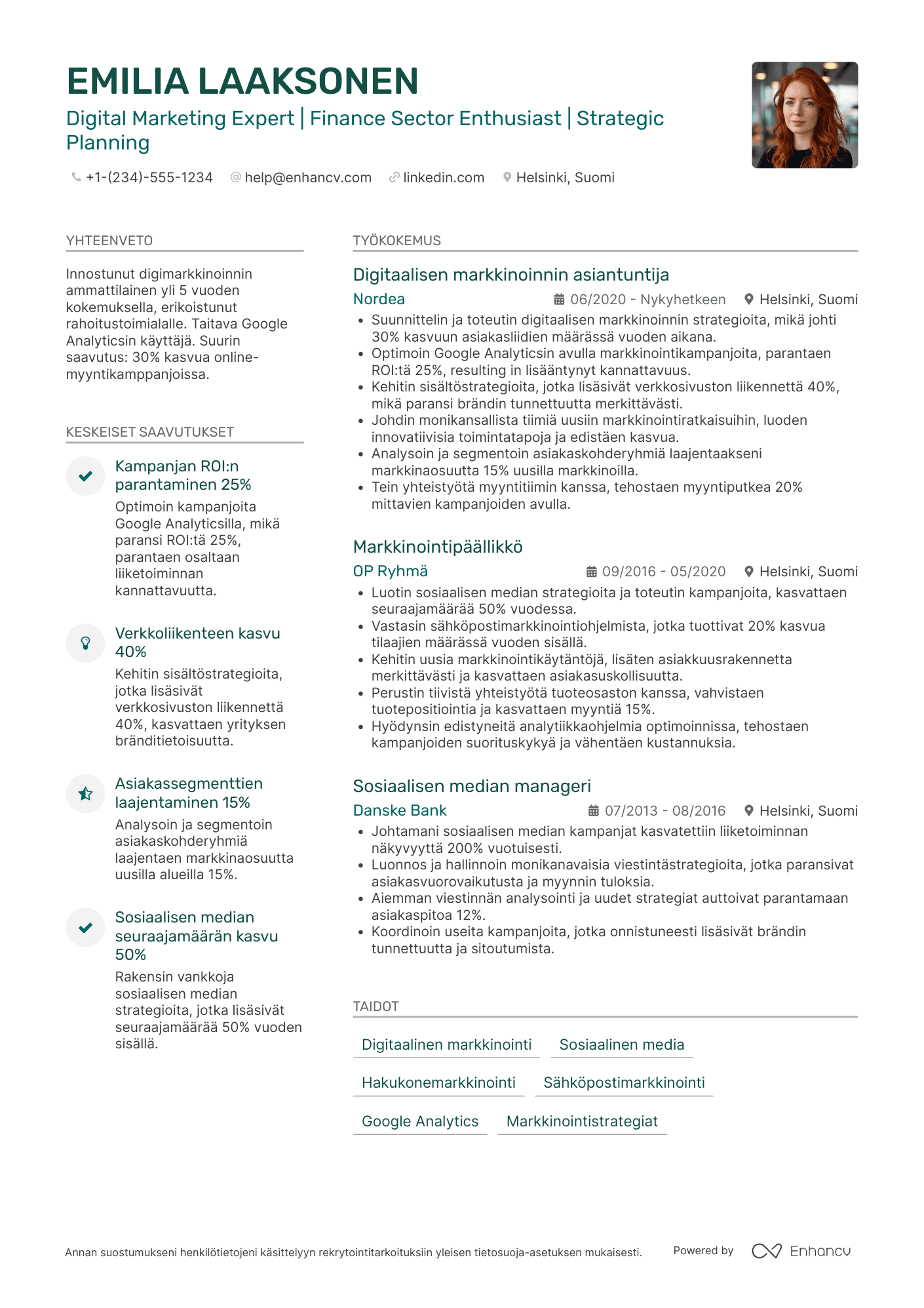Ansioluettelo Rahoitussektorin digitaalisen markkinoinnin asiantuntija