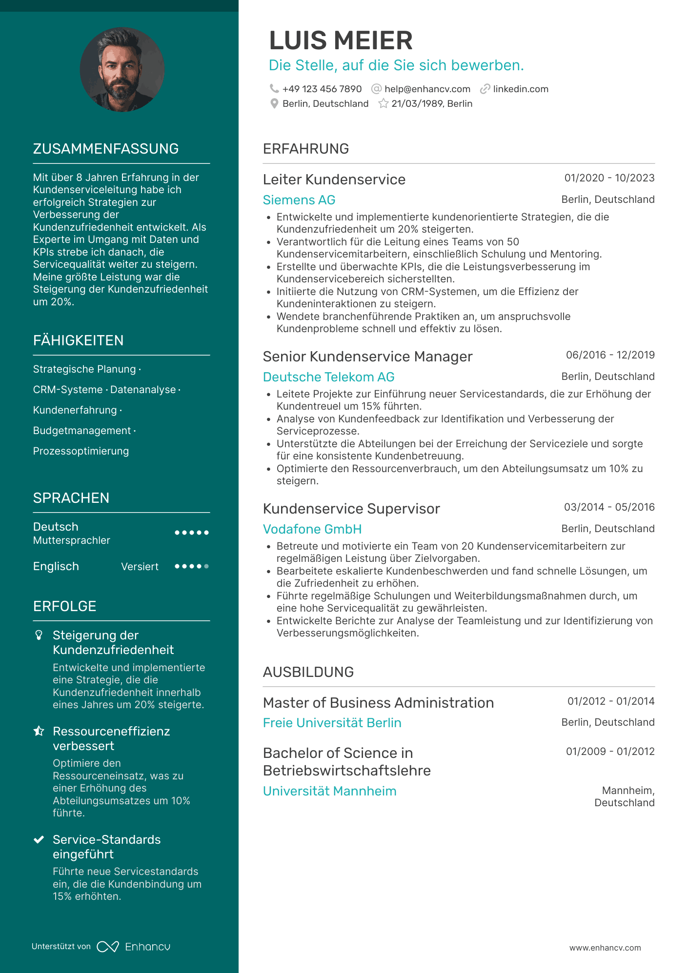 Lebenslauf als Kundenservice Direktor