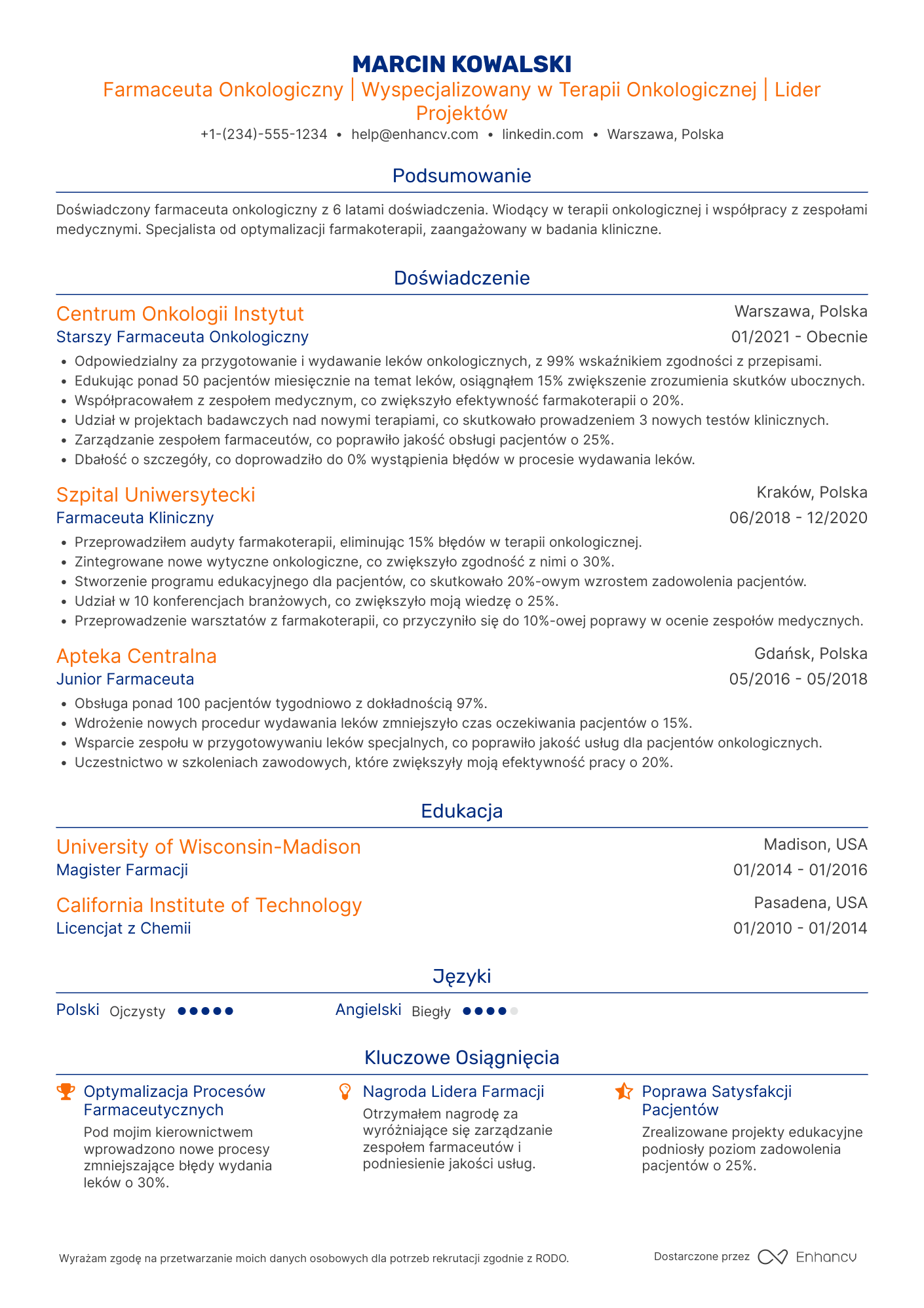 CV dla Farmaceuta Onkologiczny