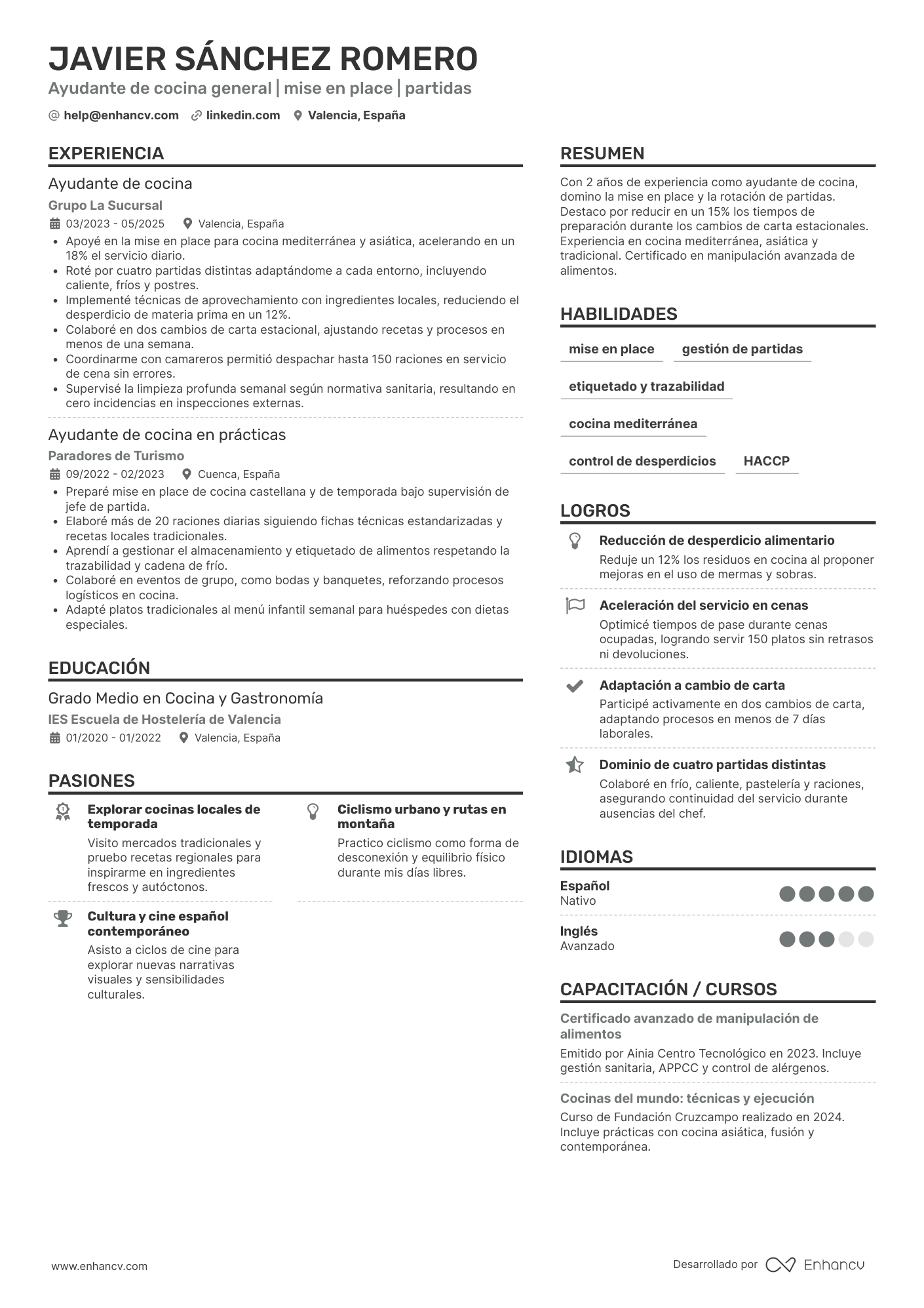 Ejemplo de currículum de ayudante de cocina en general
