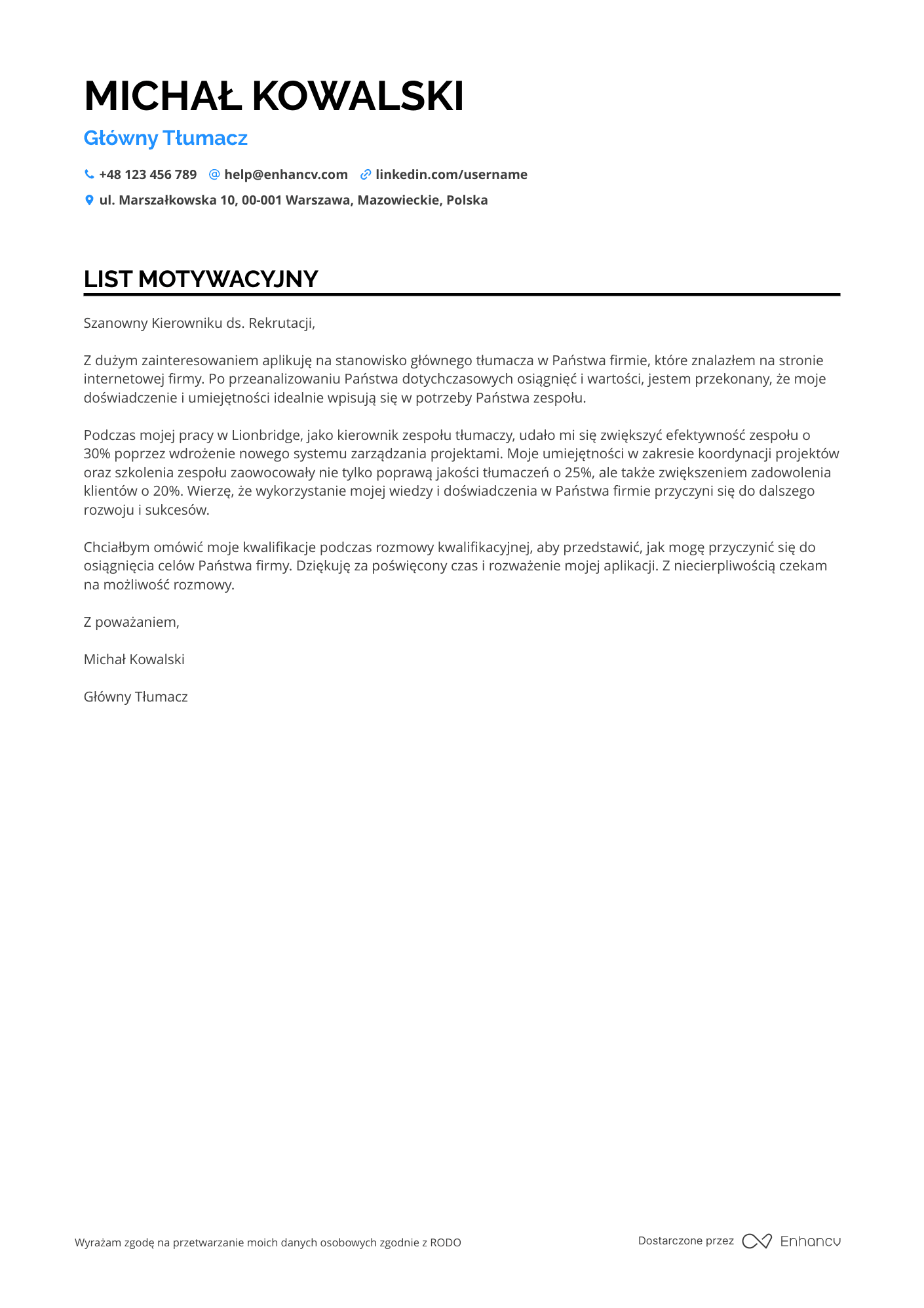 List motywacyjny dla Główny Tłumacz