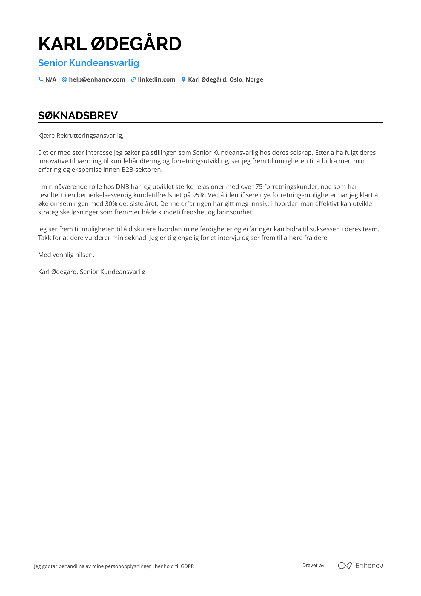 Søknadsbrev for Senior Kundeansvarlig